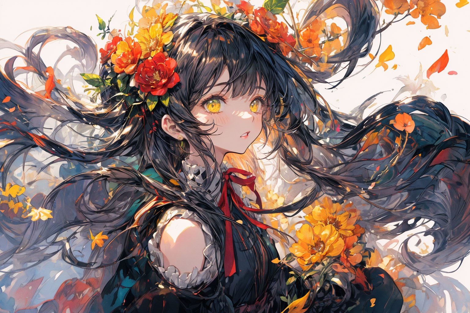 Official Art, Unity 8K Wallpaper, Extreme Detailed, Beautiful and Aesthetic, Masterpiece, Top Quality, perfect anatomy, 

1girl, solo, long hair, bangs, hair ornament, long sleeves, dress, very long hair, flower, frills, hair flower, wide sleeves, blunt bangs, black dress, floral print, absurdly long hair, green theme, green ribbon, bamboo forest, falling leaves

a beautifully drawn (((ink illustration))) depicting, vintage, PURPLE and YELLOW accents, watercolor painting, concept art, (best illustration), (best shadow), Analog Color Theme, vivid colours, contrast, smooth, sharp focus, scenery, 

(Pencil_Sketch:1.2,masterpiece, midjourney, best quality, incredibly absurdres, messy lines,high detail eyes,More Detail,perfect light,portrait, 