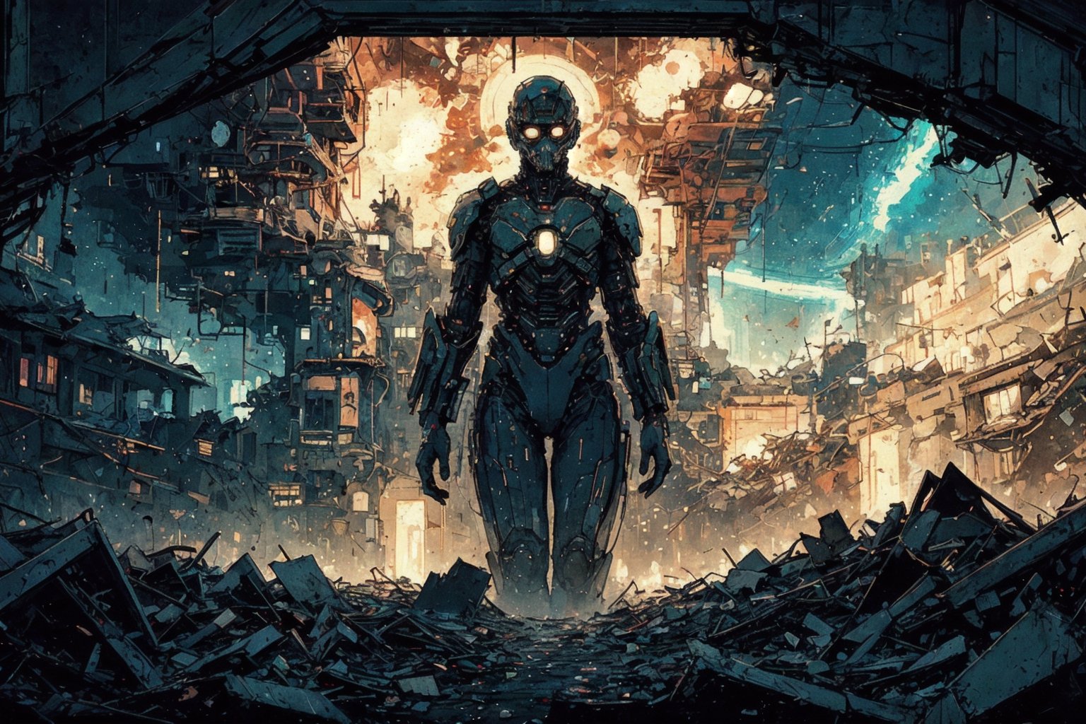 In an eerie digital dystopia, a towering figure emerges from the pixelated ruins, its metallic frame reflecting the sickly glow of neon lights. This haunting image is an oil painting that captures the essence of a futuristic world in decay. The figure's face is a mosaic of fractured screen displays, radiating an otherworldly beauty that belies the underlying chaos. Each pixel is painstakingly rendered with precision, creating a mesmerizing blend of technology and darkness. This mesmerizing piece encapsulates the allure of a world on the brink of collapse, inviting viewers to ponder the consequences of unchecked progress.,masterpiece