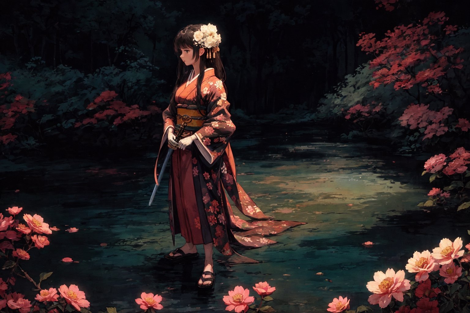 1girl, solo, long hair, black hair, hair ornament, gloves, very long hair, weapon, flower, japanese clothes, sword, hair flower, kimono, sash, obi, floral print, katana, absurdly long hair, eastern, official art, unity 8k wallpaper, ultra detailed, beautiful and aesthetic, beautiful, masterpiece, best quality, fantasy, tassels, (Pencil_Sketch:1.2,incredibly absurdres