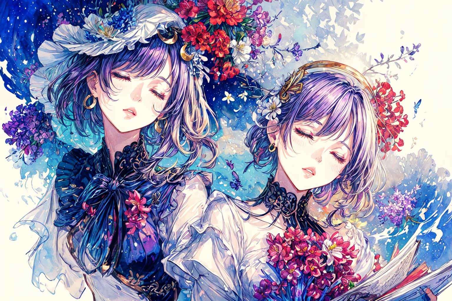 Official Art, Unity 8K Wallpaper, Extreme Detailed, Beautiful and Aesthetic, Masterpiece, Top Quality, perfect anatomy, 

1girl, solo, long hair, bangs, hair ornament, dress, jewelry, closed eyes, upper body, purple hair, flower, earrings, parted lips, hair flower, head tilt, book, eyelashes, makeup, halo, white flower, crescent, facing viewer, book stack, hyacinth, star_(sky), 

a beautifully drawn (((ink illustration))) depicting, vintage, RED and INDIGO accents, watercolor painting, concept art, (best illustration), (best shadow), Analog Color Theme, vivid colours, contrast, smooth, sharp focus, scenery, 

(Pencil_Sketch:1.2,masterpiece, midjourney, best quality, incredibly absurdres, messy lines,high detail eyes,More Detail,perfect light,portrait, 