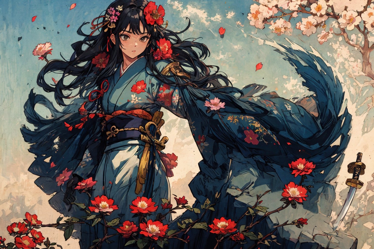 1girl, solo, long hair, black hair, hair ornament, gloves, very long hair, weapon, flower, japanese clothes, sword, hair flower, kimono, sash, obi, floral print, katana, absurdly long hair, eastern, official art, unity 8k wallpaper, ultra detailed, beautiful and aesthetic, beautiful, masterpiece, best quality, fantasy, tassels, (Pencil_Sketch:1.2,incredibly absurdres