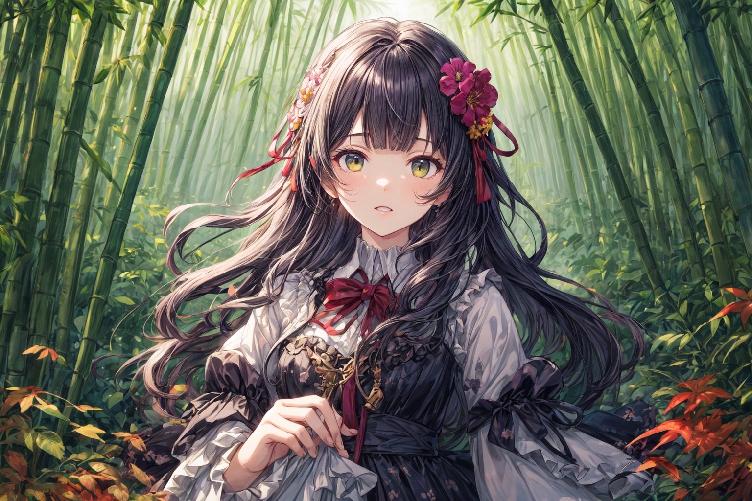 Official Art, Unity 8K Wallpaper, Extreme Detailed, Beautiful and Aesthetic, Masterpiece, Top Quality, perfect anatomy, 

1girl, solo, long hair, bangs, hair ornament, long sleeves, dress, very long hair, flower, frills, hair flower, wide sleeves, blunt bangs, black dress, floral print, absurdly long hair, green theme, green ribbon, bamboo forest, falling leaves

a beautifully drawn (((ink illustration))) depicting, vintage, PURPLE and YELLOW accents, watercolor painting, concept art, (best illustration), (best shadow), Analog Color Theme, vivid colours, contrast, smooth, sharp focus, scenery, 

(Pencil_Sketch:1.2,masterpiece, midjourney, best quality, incredibly absurdres, messy lines,high detail eyes,More Detail,perfect light,portrait, 