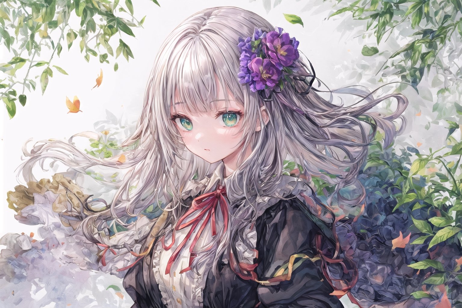 Official Art, Unity 8K Wallpaper, Extreme Detailed, Beautiful and Aesthetic, Masterpiece, Top Quality, perfect anatomy, 

1girl, solo, long hair, bangs, hair ornament, long sleeves, dress, very long hair, flower, frills, hair flower, wide sleeves, blunt bangs, black dress, floral print, absurdly long hair, green theme, green ribbon, bamboo forest, falling leaves

a beautifully drawn (((ink illustration))) depicting, vintage, PURPLE and YELLOW accents, watercolor painting, concept art, (best illustration), (best shadow), Analog Color Theme, vivid colours, contrast, smooth, sharp focus, scenery, 

(Pencil_Sketch:1.2,masterpiece, midjourney, best quality, incredibly absurdres, messy lines,high detail eyes,More Detail,perfect light,portrait, 