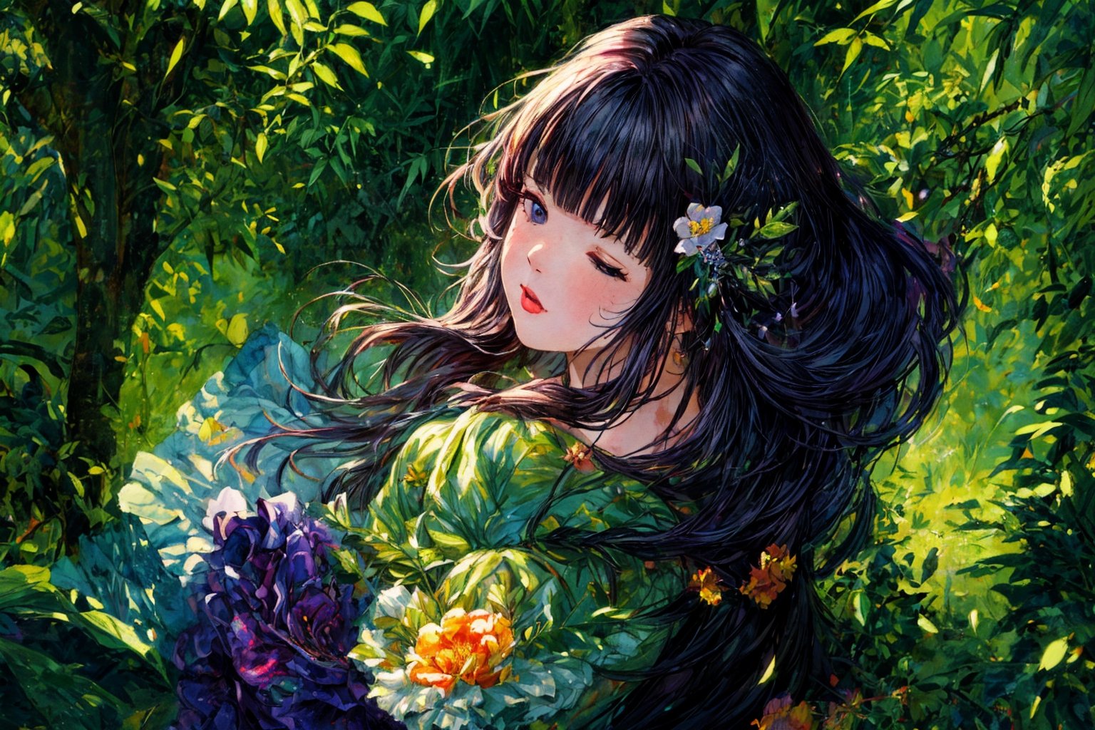 Official Art, Unity 8K Wallpaper, Extreme Detailed, Beautiful and Aesthetic, Masterpiece, Top Quality, perfect anatomy, 

1girl, solo, long hair, bangs, hair ornament, long sleeves, dress, very long hair, flower, frills, hair flower, wide sleeves, blunt bangs, black dress, floral print, absurdly long hair, green theme, green ribbon, bamboo forest, falling leaves

a beautifully drawn (((ink illustration))) depicting, vintage, PURPLE and YELLOW accents, watercolor painting, concept art, (best illustration), (best shadow), Analog Color Theme, vivid colours, contrast, smooth, sharp focus, scenery, 

(Pencil_Sketch:1.2,masterpiece, midjourney, best quality, incredibly absurdres, messy lines,high detail eyes,More Detail,perfect light,portrait, 