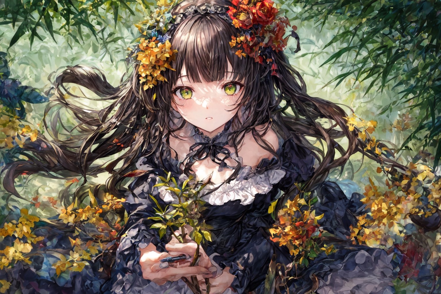 Official Art, Unity 8K Wallpaper, Extreme Detailed, Beautiful and Aesthetic, Masterpiece, Top Quality, perfect anatomy, 

1girl, solo, long hair, bangs, hair ornament, long sleeves, dress, very long hair, flower, frills, hair flower, wide sleeves, blunt bangs, black dress, floral print, absurdly long hair, green theme, green ribbon, bamboo forest, falling leaves

a beautifully drawn (((ink illustration))) depicting, vintage, PURPLE and YELLOW accents, watercolor painting, concept art, (best illustration), (best shadow), Analog Color Theme, vivid colours, contrast, smooth, sharp focus, scenery, 

(Pencil_Sketch:1.2,masterpiece, midjourney, best quality, incredibly absurdres, messy lines,high detail eyes,More Detail,perfect light,portrait, 