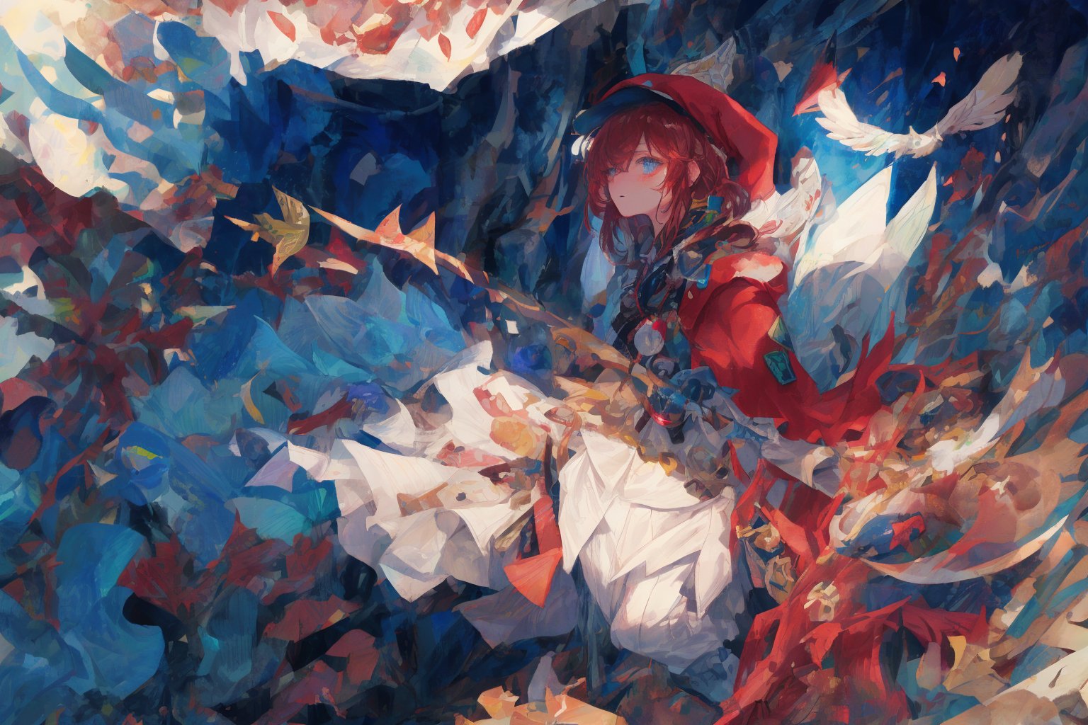 Official Art, Unity 8K Wallpaper, Extreme Detailed, Beautiful and Aesthetic, Masterpiece, Top Quality, perfect anatomy, 

1girl, solo, very long hair, bangs, blue eyes, skirt, indigo vest, long sleeves, hat, red hair, cape, hair over one eye, fur trim, indigo headwear, heterochromia, red cloak, fur-trimmed cloak, white shirt, boots, white pants, chinese clothes, bird, Tula Province, Russian Empire,
Source of life, sparkling stars, water feeder, aquatic tune, ginger, ice water, geranium, oak, impurity glass bottle, tweed cloak, Claret homemade equestrian skirt, Plateau lakes, snow mountains

a beautifully drawn (((ink illustration))) depicting, vintage, Claret and navy blue accents, watercolor painting, concept art, (best illustration), (best shadow), Analog Color Theme, vivid colours, contrast, smooth, sharp focus, scenery, 

(Pencil_Sketch:1.2,masterpiece, midjourney, best quality, incredibly absurdres, messy lines,high detail eyes,More Detail,perfect light,portrait, ,more detail XL,Ukiyo-e, ,ink,colorful,samurai