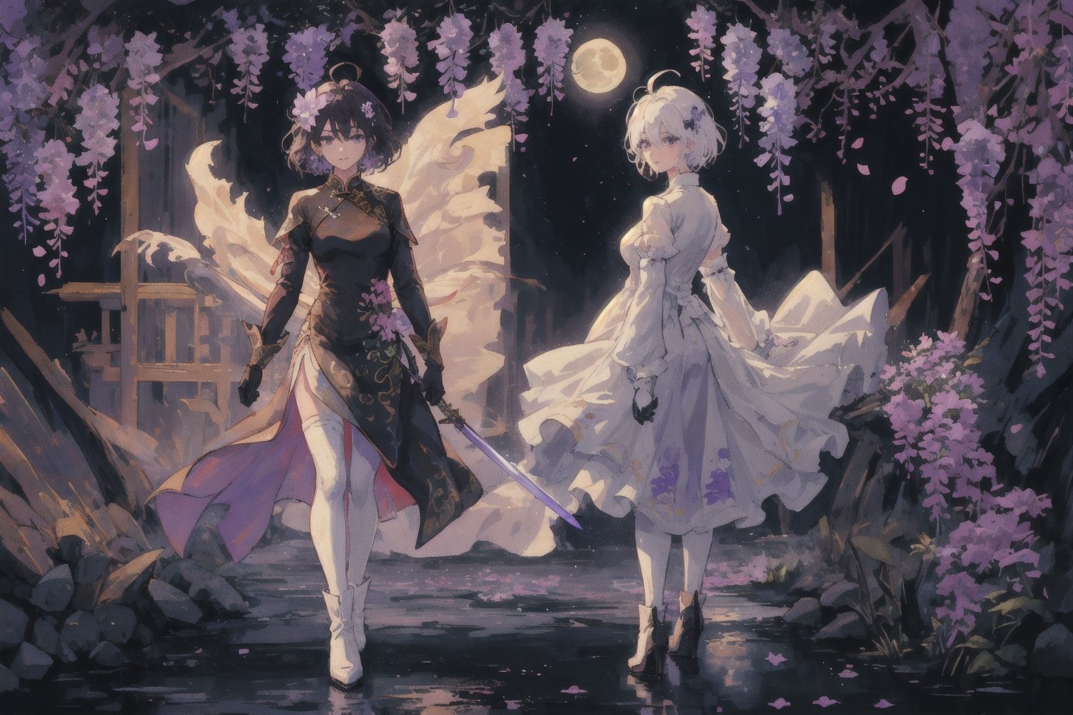 1girl, solo, looking at viewer, short hair, hair ornament, gloves, long sleeves, dress, holding, hair between eyes, closed mouth, standing, purple eyes, full body, weapon, wisteria flowers, ahoge, white hair, black pantyhose, multicolored hair, boots, sword, hair flower, holding weapon, armor, high heels, holding sword, cheongsam, china dress, whiie dress with violet pattern, moon, ink painting,(Pencil_Sketch:1.2