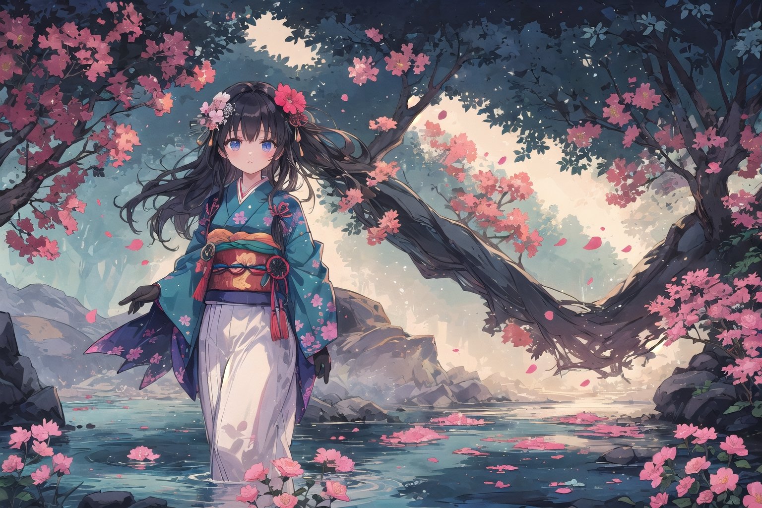 1girl, solo, long hair, black hair, hair ornament, gloves, very long hair, weapon, flower, japanese clothes, sword, hair flower, kimono, sash, obi, floral print, katana, absurdly long hair, eastern, official art, unity 8k wallpaper, ultra detailed, beautiful and aesthetic, beautiful, masterpiece, best quality, fantasy, tassels, (Pencil_Sketch:1.2,incredibly absurdres