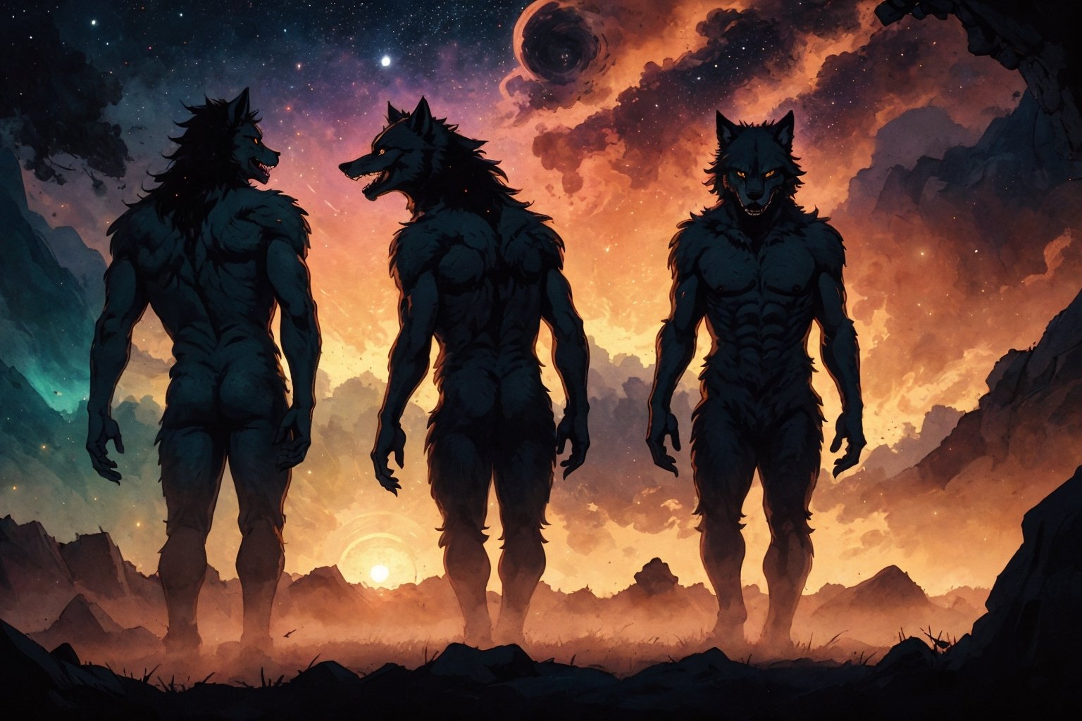 In the twilight of a cosmic void,  a formidable werewolf emerges,  its fur aglow in the golden hues of a setting sun. This...