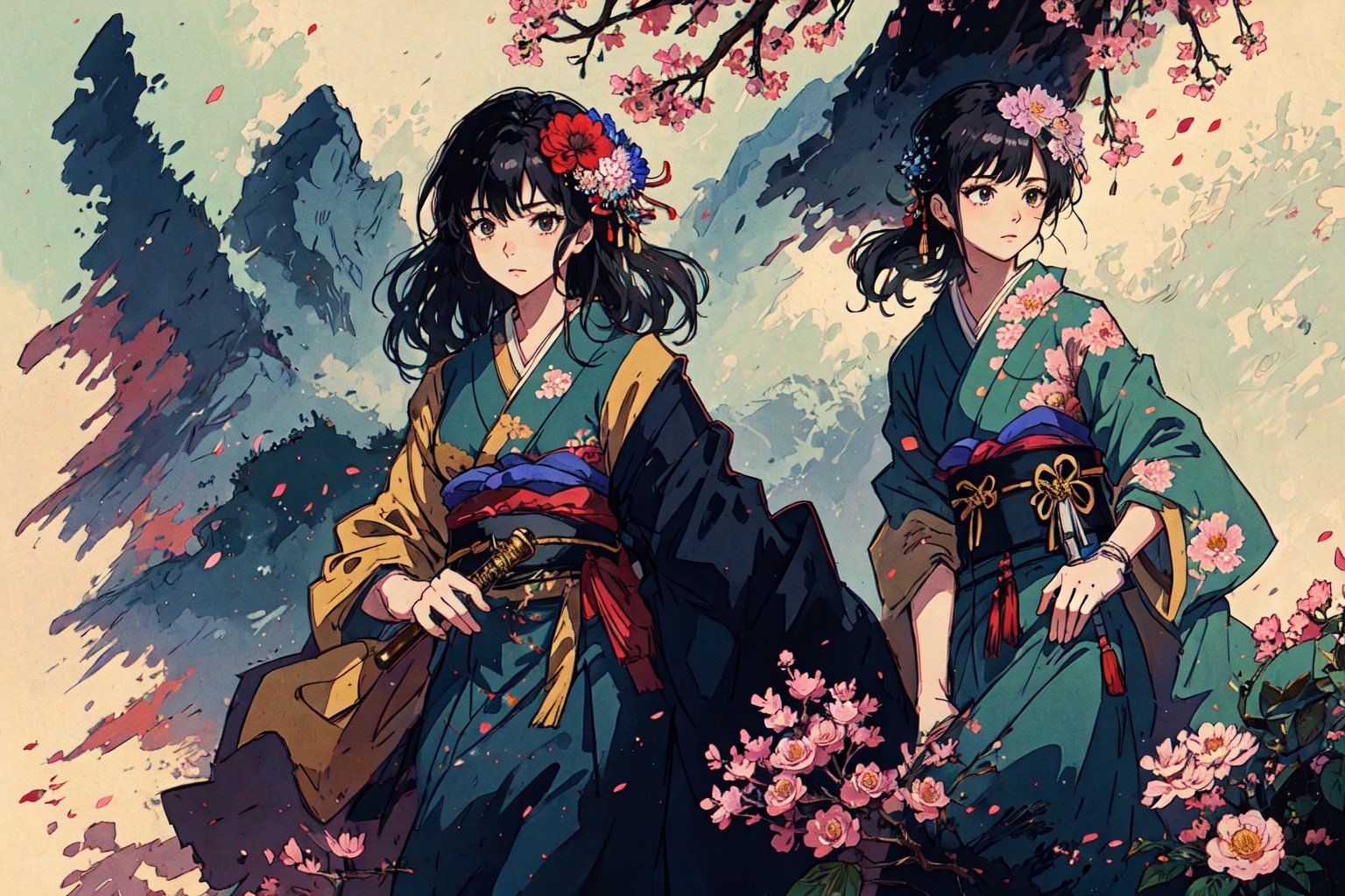 1girl, solo, long hair, black hair, hair ornament, gloves, very long hair, weapon, flower, japanese clothes, sword, hair flower, kimono, sash, obi, floral print, katana, absurdly long hair, eastern, official art, unity 8k wallpaper, ultra detailed, beautiful and aesthetic, beautiful, masterpiece, best quality, fantasy, tassels, (Pencil_Sketch:1.2,incredibly absurdres