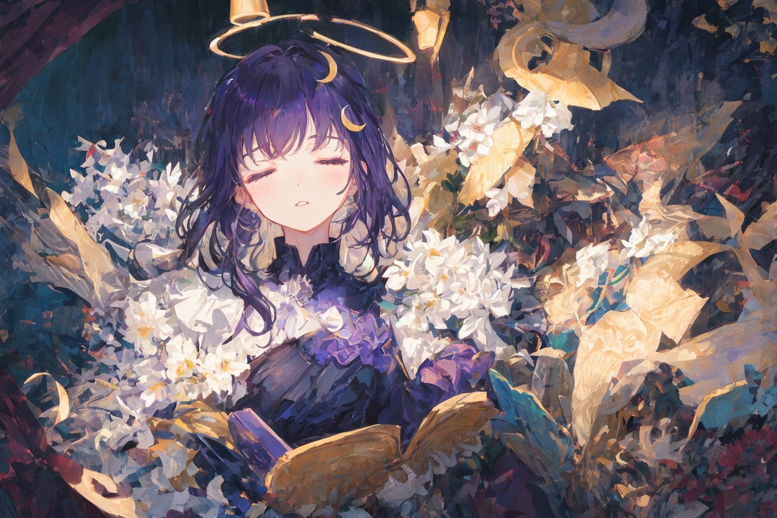 Official Art, Unity 8K Wallpaper, Extreme Detailed, Beautiful and Aesthetic, Masterpiece, Top Quality, perfect anatomy, 

1girl, solo, long hair, bangs, hair ornament, dress, jewelry, closed eyes, upper body, purple hair, flower, earrings, parted lips, hair flower, head tilt, book, eyelashes, makeup, halo, white flower, crescent, facing viewer, book stack, hyacinth, star_(sky), 

a beautifully drawn (((ink illustration))) depicting, vintage, RED and INDIGO accents, watercolor painting, concept art, (best illustration), (best shadow), Analog Color Theme, vivid colours, contrast, smooth, sharp focus, scenery, 

(Pencil_Sketch:1.2,masterpiece, midjourney, best quality, incredibly absurdres, messy lines,high detail eyes,More Detail,perfect light,portrait, 