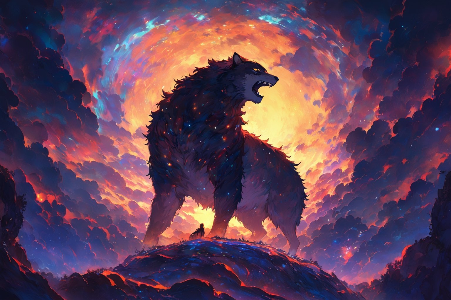 In the twilight of a cosmic void,  a formidable werewolf emerges,  its fur aglow in the golden hues of a setting sun. This...