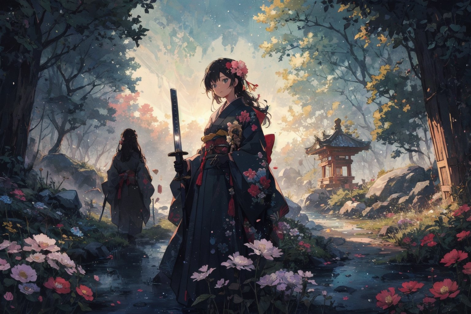 1girl, solo, long hair, black hair, hair ornament, gloves, very long hair, weapon, flower, japanese clothes, sword, hair flower, kimono, sash, obi, floral print, katana, absurdly long hair, eastern, official art, unity 8k wallpaper, ultra detailed, beautiful and aesthetic, beautiful, masterpiece, best quality, fantasy, tassels, (Pencil_Sketch:1.2,incredibly absurdres