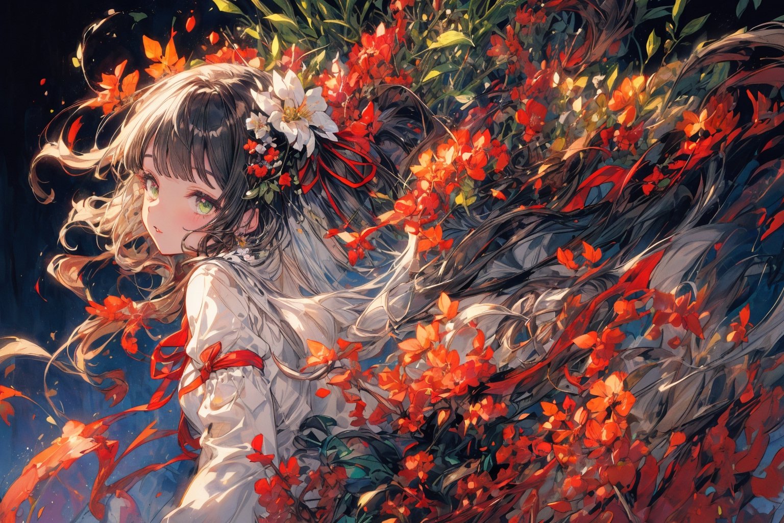 Official Art, Unity 8K Wallpaper, Extreme Detailed, Beautiful and Aesthetic, Masterpiece, Top Quality, perfect anatomy, 

1girl, solo, long hair, bangs, hair ornament, long sleeves, dress, very long hair, flower, frills, hair flower, wide sleeves, blunt bangs, black dress, floral print, absurdly long hair, green theme, green ribbon, bamboo forest, falling leaves

a beautifully drawn (((ink illustration))) depicting, vintage, PURPLE and YELLOW accents, watercolor painting, concept art, (best illustration), (best shadow), Analog Color Theme, vivid colours, contrast, smooth, sharp focus, scenery, 

(Pencil_Sketch:1.2,masterpiece, midjourney, best quality, incredibly absurdres, messy lines,high detail eyes,More Detail,perfect light,portrait, 