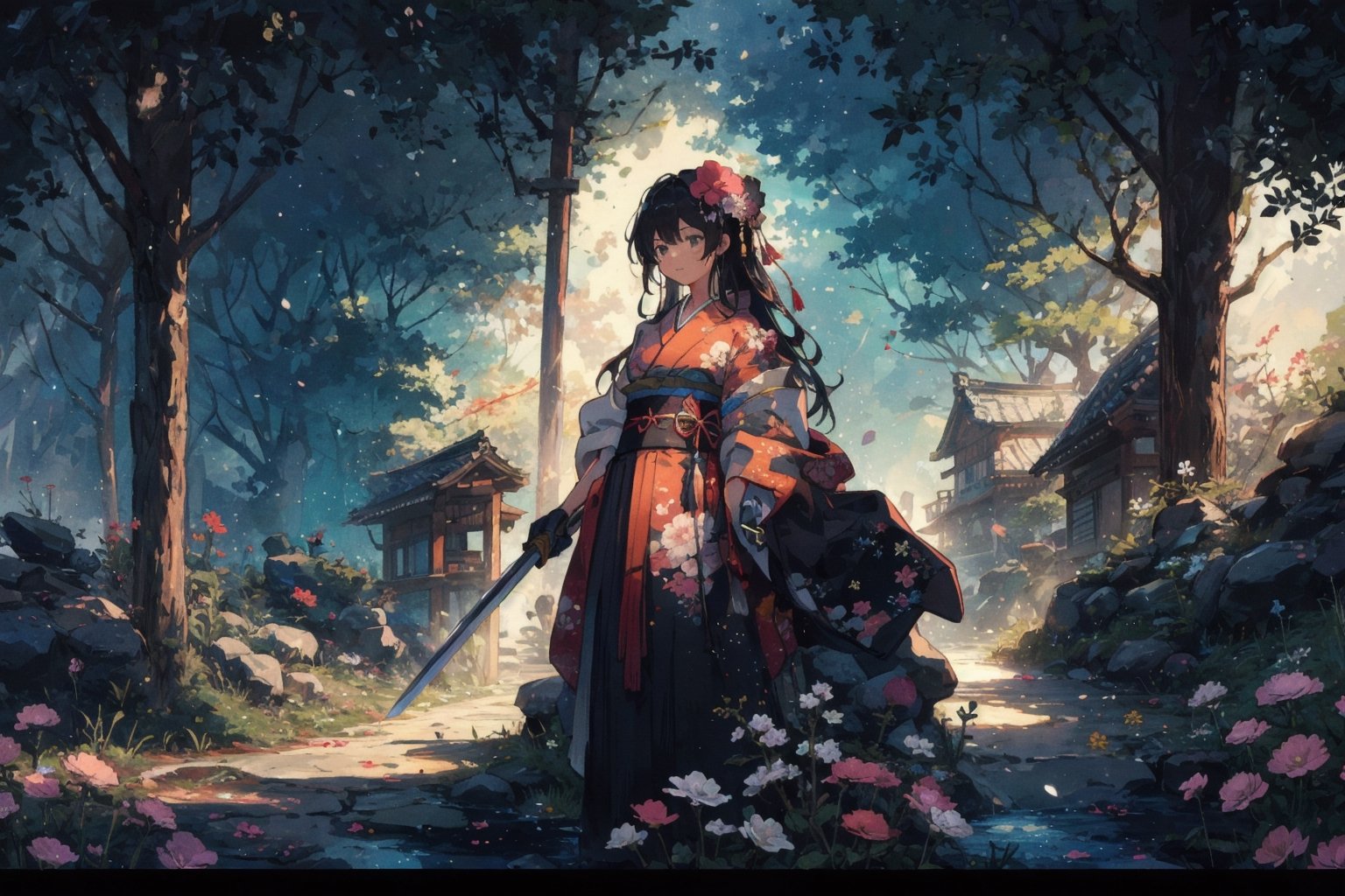 1girl, solo, long hair, black hair, hair ornament, gloves, very long hair, weapon, flower, japanese clothes, sword, hair flower, kimono, sash, obi, floral print, katana, absurdly long hair, eastern, official art, unity 8k wallpaper, ultra detailed, beautiful and aesthetic, beautiful, masterpiece, best quality, fantasy, tassels, (Pencil_Sketch:1.2,incredibly absurdres