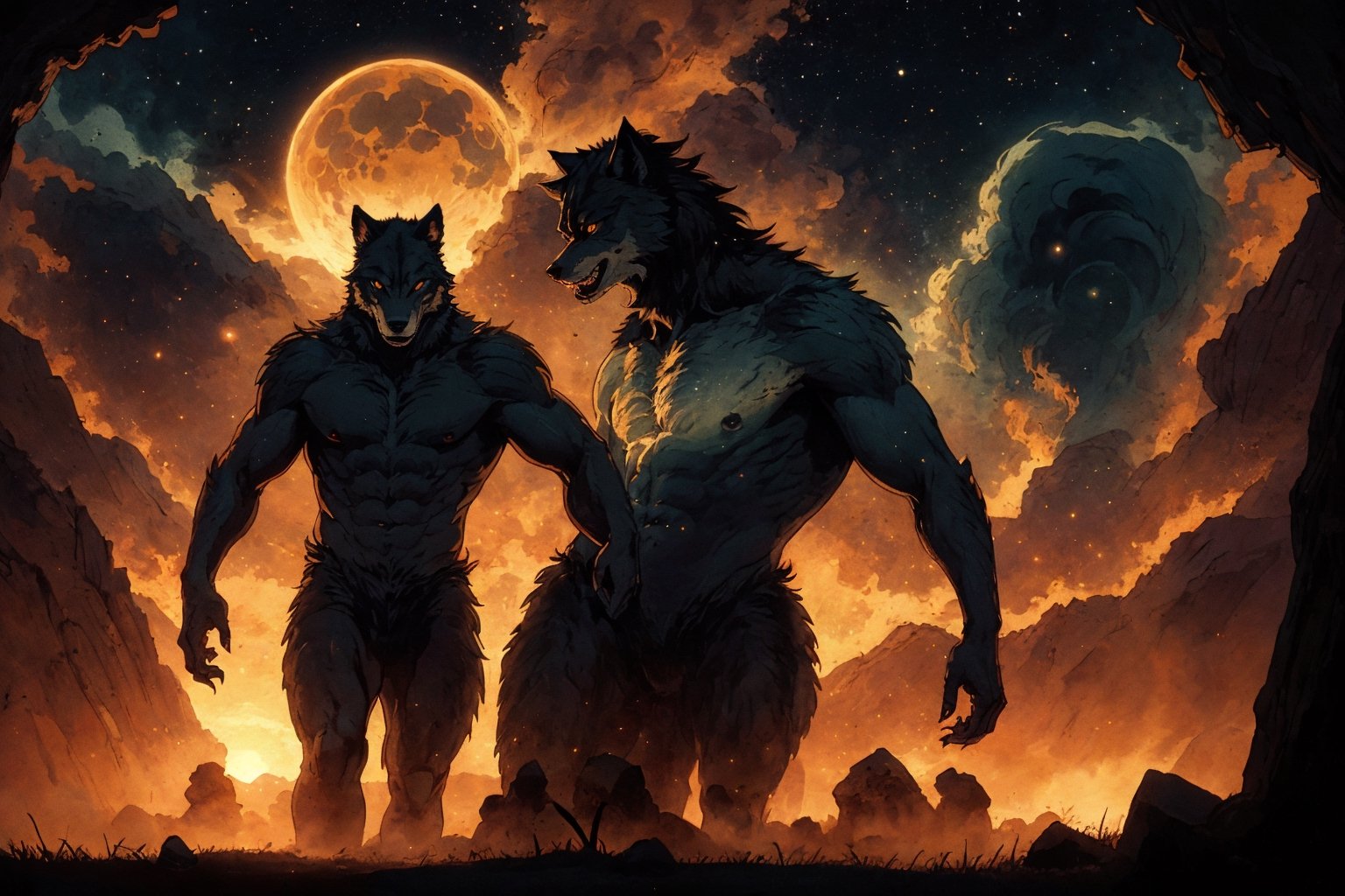 In the twilight of a cosmic void,  a formidable werewolf emerges,  its fur aglow in the golden hues of a setting sun. This...