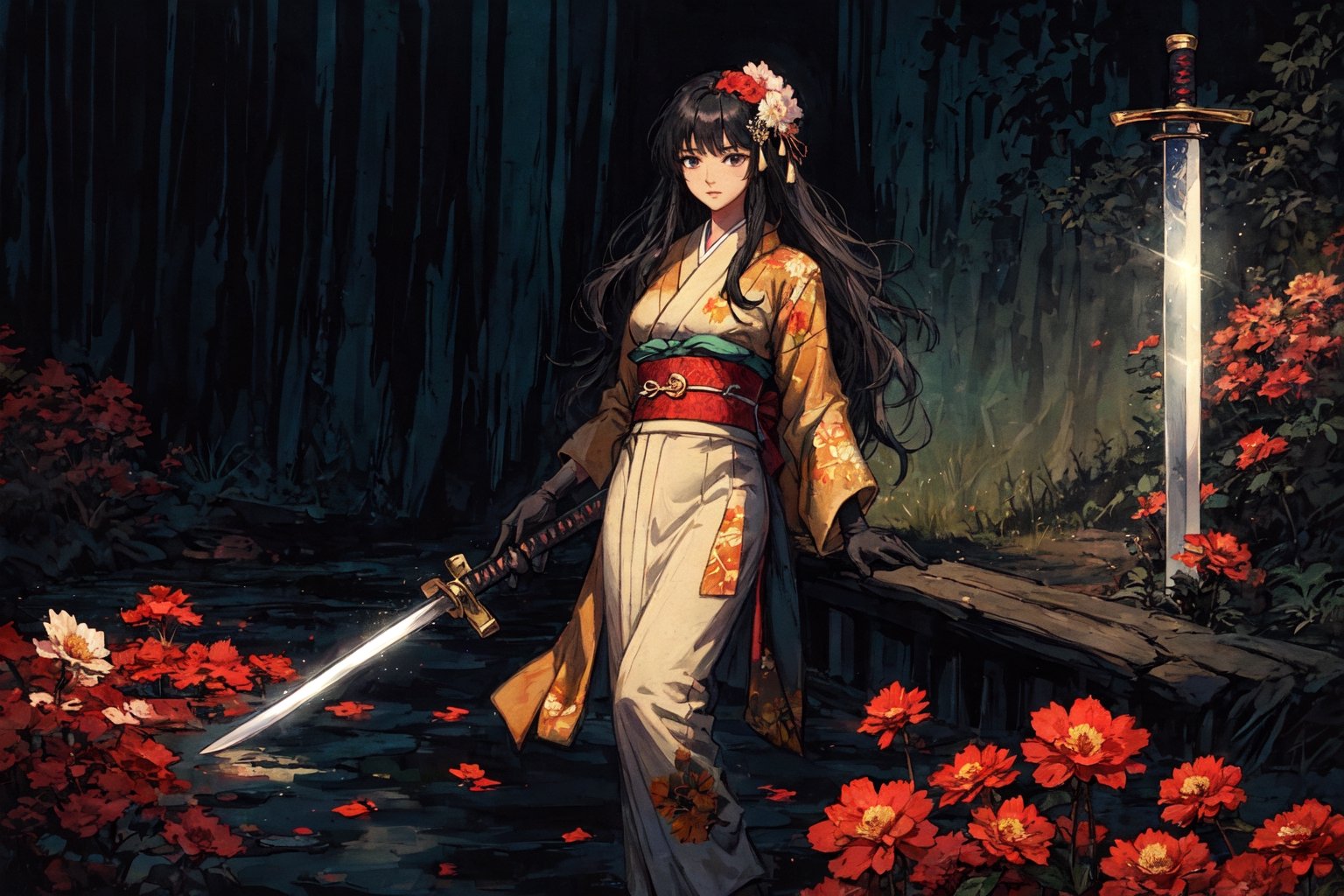 1girl, solo, long hair, black hair, hair ornament, gloves, very long hair, weapon, flower, japanese clothes, sword, hair flower, kimono, sash, obi, floral print, katana, absurdly long hair, eastern, official art, unity 8k wallpaper, ultra detailed, beautiful and aesthetic, beautiful, masterpiece, best quality, fantasy, tassels, (Pencil_Sketch:1.2,incredibly absurdres