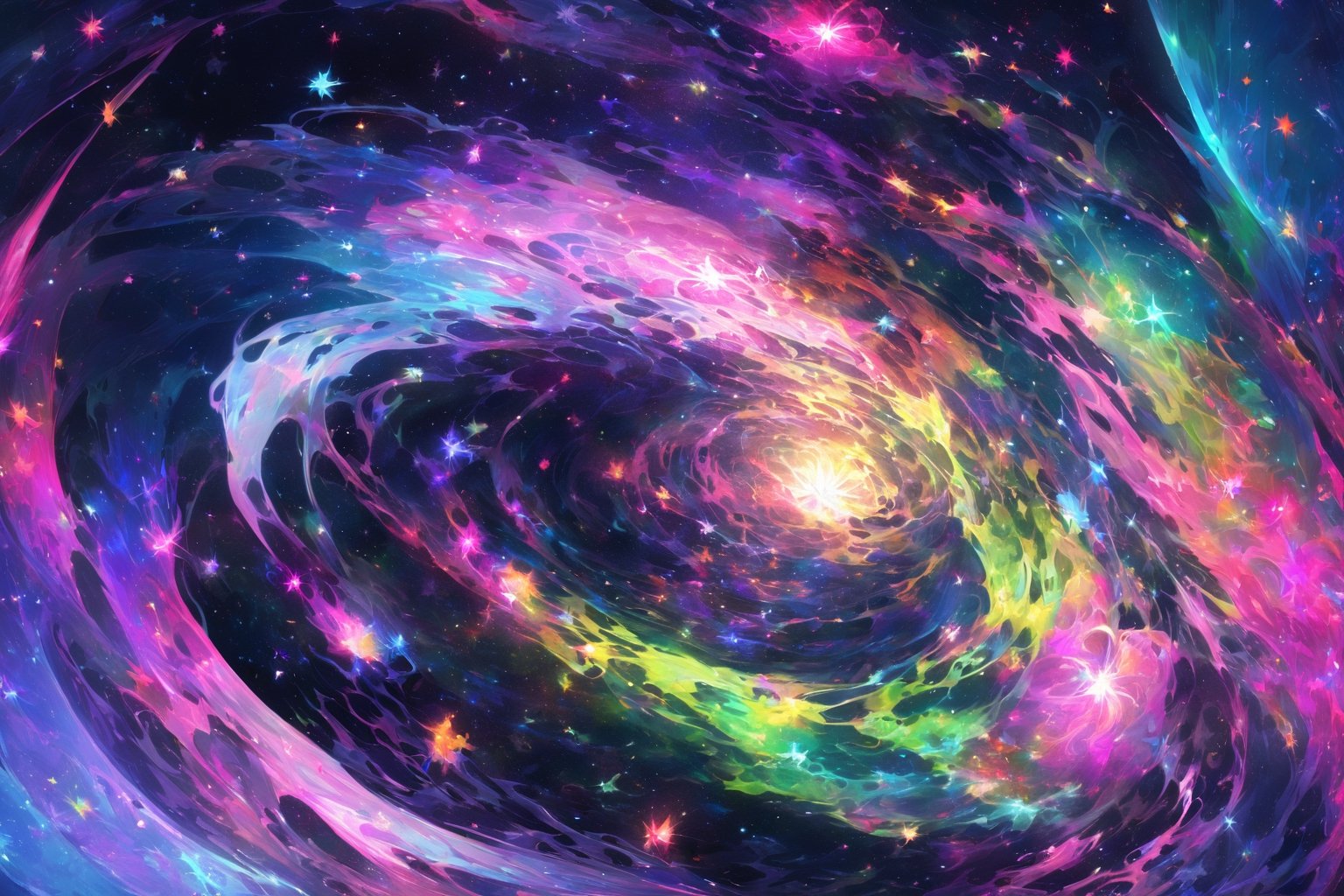 In a chromatic nebulous parallel universe,  swirling hues of vivid pinks,  purples by 靜川湊 on Tensor.Art