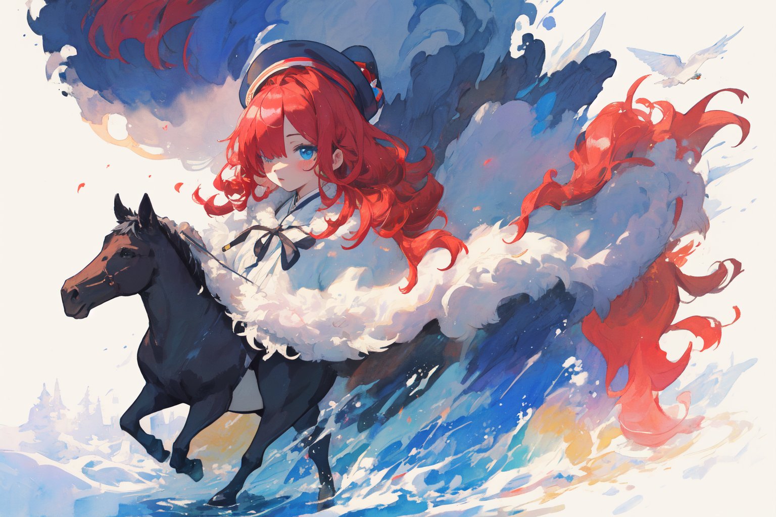 Official Art, Unity 8K Wallpaper, Extreme Detailed, Beautiful and Aesthetic, Masterpiece, Top Quality, perfect anatomy, 

1girl, solo, very long hair, bangs, blue eyes, skirt, indigo vest, long sleeves, hat, red hair, cape, hair over one eye, fur trim, indigo headwear, heterochromia, red cloak, fur-trimmed cloak, white shirt, boots, white pants, chinese clothes, bird, Tula Province, Russian Empire,
Source of life, sparkling stars, water feeder, aquatic tune, ginger, ice water, geranium, oak, impurity glass bottle, tweed cloak, Claret homemade equestrian skirt, Plateau lakes, snow mountains

a beautifully drawn (((ink illustration))) depicting, vintage, Claret and navy blue accents, watercolor painting, concept art, (best illustration), (best shadow), Analog Color Theme, vivid colours, contrast, smooth, sharp focus, scenery, 

(Pencil_Sketch:1.2,masterpiece, midjourney, best quality, incredibly absurdres, messy lines,high detail eyes,More Detail,perfect light,portrait, ,more detail XL,Ukiyo-e, ,ink,colorful,samurai