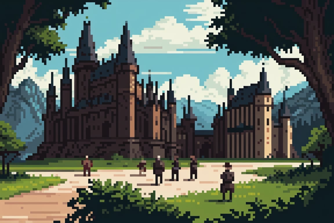 In the enchanting realm of the Wizarding World of Harry Potter, a breathtakingly magical land unfolds before our eyes. This extraordinary image, captured in a meticulously crafted painting, showcases a sprawling landscape rich with vibrant colors and fantastical elements. Majestic castles and bustling streets fill the scene, bustling with both wizards and enchanting creatures. Evoking a sense of awe and wonder, this stunning artwork effortlessly transports viewers into the extraordinary world of Harry Potter, where imagination knows no bounds.,Pixel art