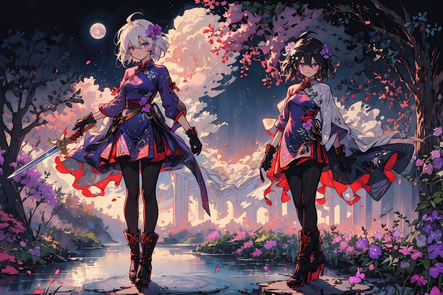 1girl, solo, looking at viewer, short hair, hair ornament, gloves, long sleeves, dress, holding, hair between eyes, closed mouth, standing, purple eyes, full body, weapon, wisteria flowers, ahoge, white hair, black pantyhose, multicolored hair, boots, sword, hair flower, holding weapon, armor, high heels, holding sword, cheongsam, china dress, whiie dress with violet pattern, moon, lake behind, ink painting,(Pencil_Sketch:1.2,masterpiece