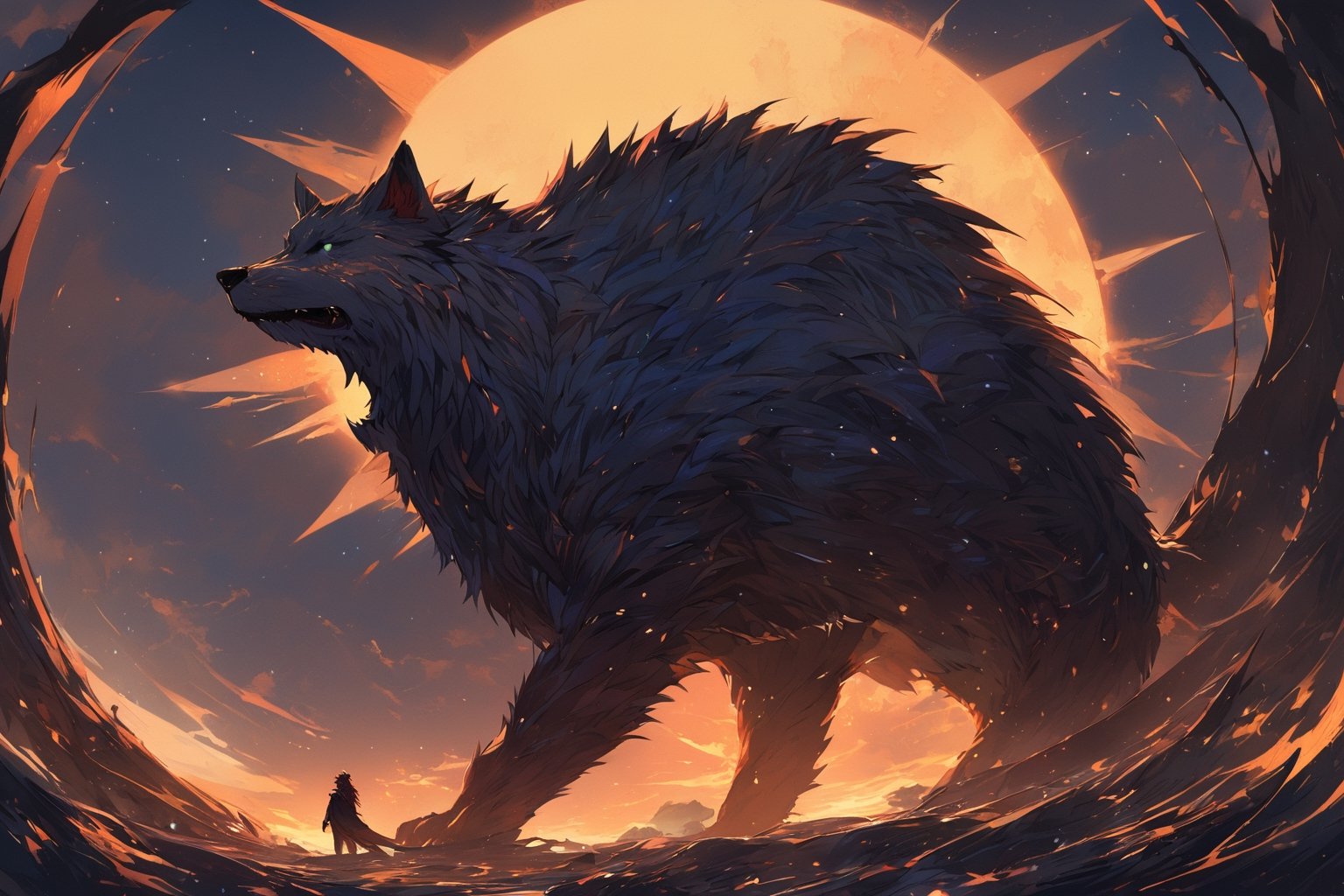 In the twilight of a cosmic void,  a formidable werewolf emerges,  its fur aglow in the golden hues of a setting sun. This...