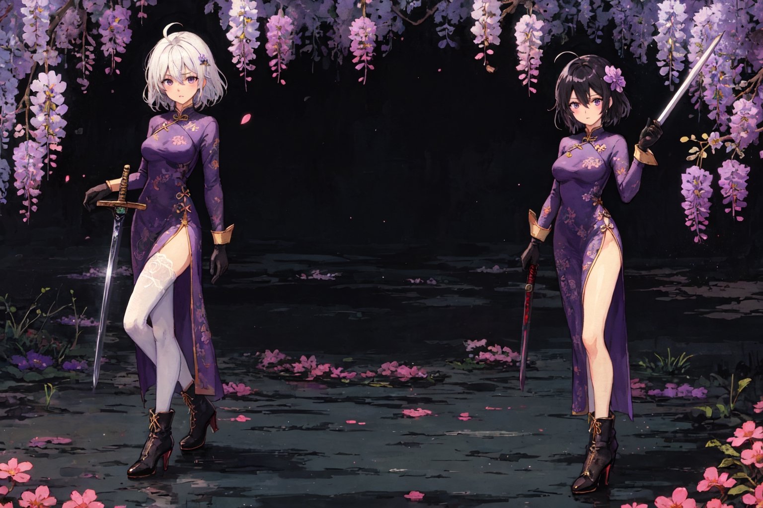 1girl, solo, looking at viewer, short hair, hair ornament, gloves, long sleeves, dress, holding, hair between eyes, closed mouth, standing, purple eyes, full body, weapon, wisteria flowers, ahoge, white hair, black pantyhose, multicolored hair, boots, sword, hair flower, holding weapon, armor, high heels, holding sword, cheongsam, china dress, whiie dress with violet pattern, ink painting,(Pencil_Sketch:1.2