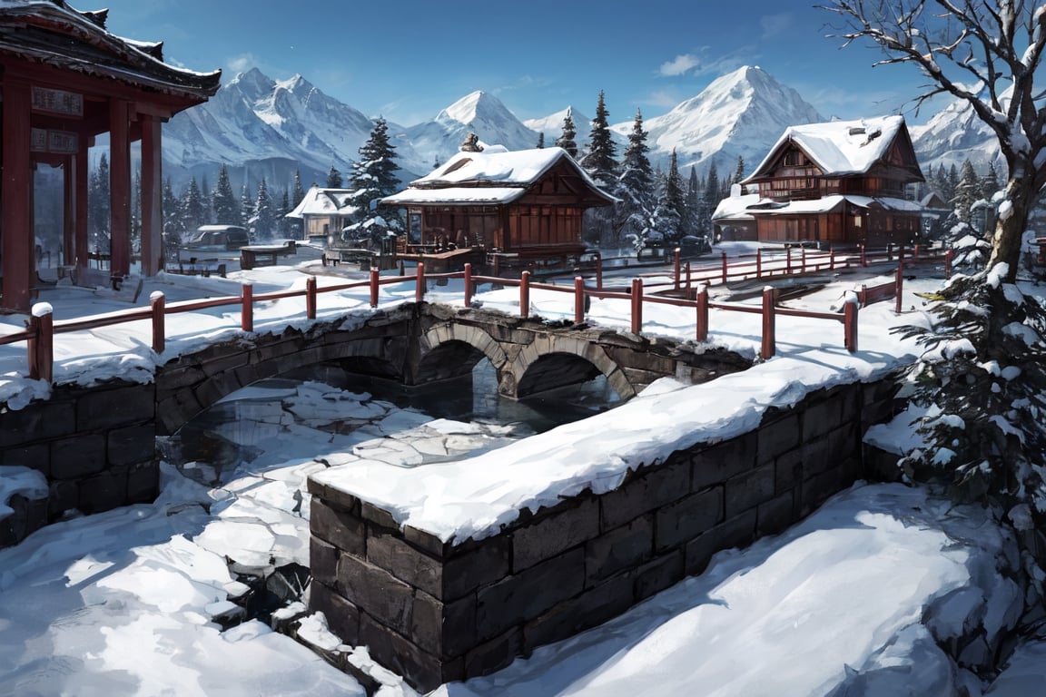 Broken bridge with remaining snow in chinese ink art(best quality,  Masterpiece by 靜川湊 on Tensor.Art