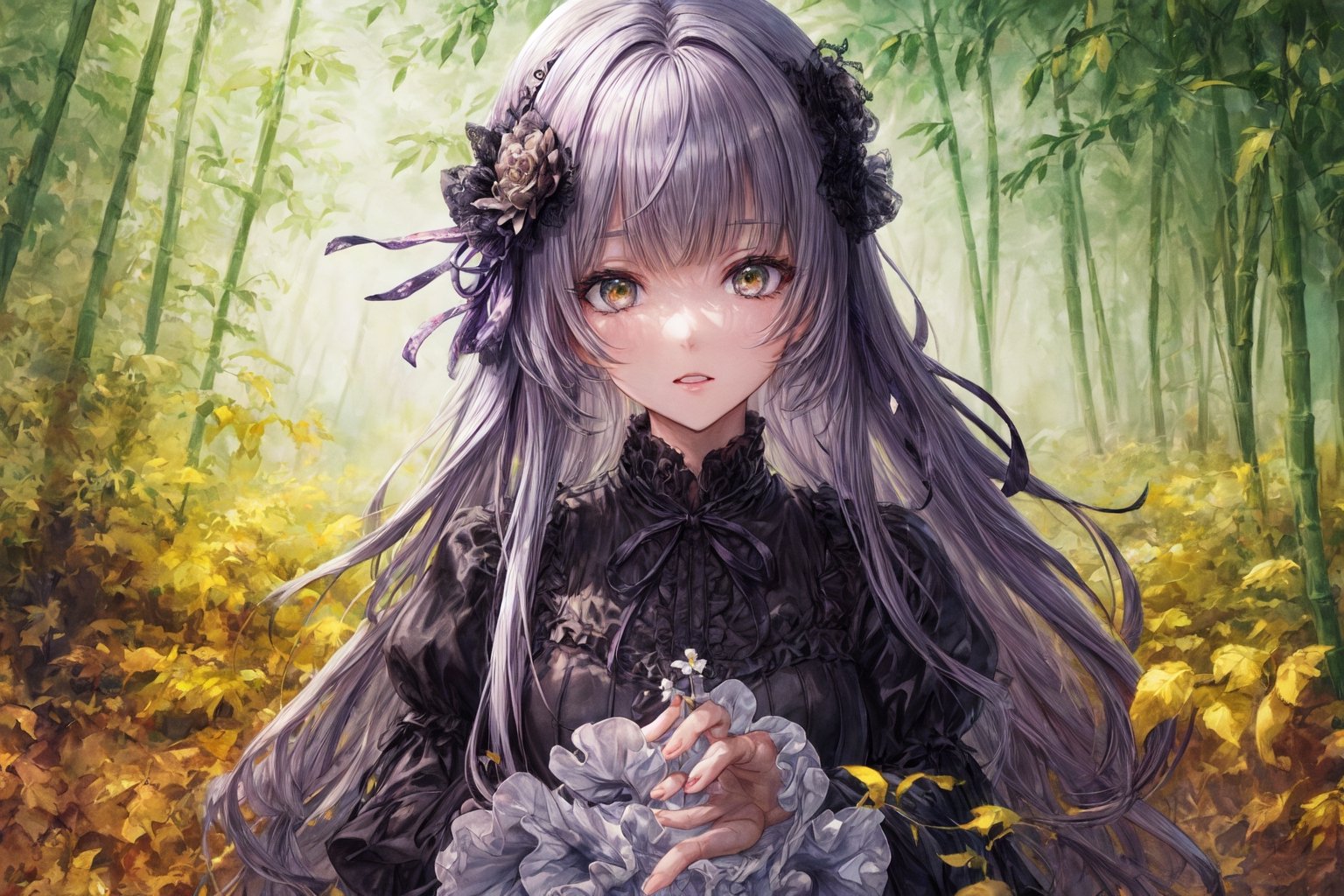 Official Art, Unity 8K Wallpaper, Extreme Detailed, Beautiful and Aesthetic, Masterpiece, Top Quality, perfect anatomy, 

1girl, solo, long hair, bangs, hair ornament, long sleeves, dress, very long hair, flower, frills, hair flower, wide sleeves, blunt bangs, black dress, floral print, absurdly long hair, green theme, green ribbon, bamboo forest, falling leaves

a beautifully drawn (((ink illustration))) depicting, vintage, PURPLE and YELLOW accents, watercolor painting, concept art, (best illustration), (best shadow), Analog Color Theme, vivid colours, contrast, smooth, sharp focus, scenery, 

(Pencil_Sketch:1.2,masterpiece, midjourney, best quality, incredibly absurdres, messy lines,high detail eyes,More Detail,perfect light,portrait, 