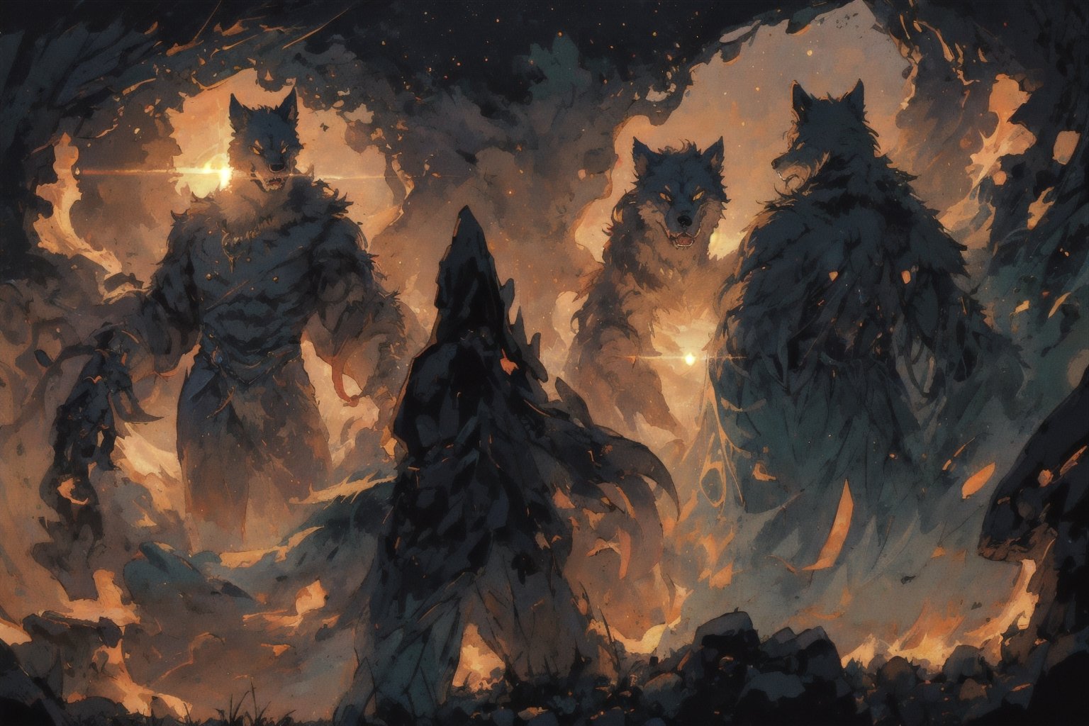 In the twilight of a cosmic void,  a formidable werewolf emerges,  its fur aglow in the golden hues of a setting sun. This...