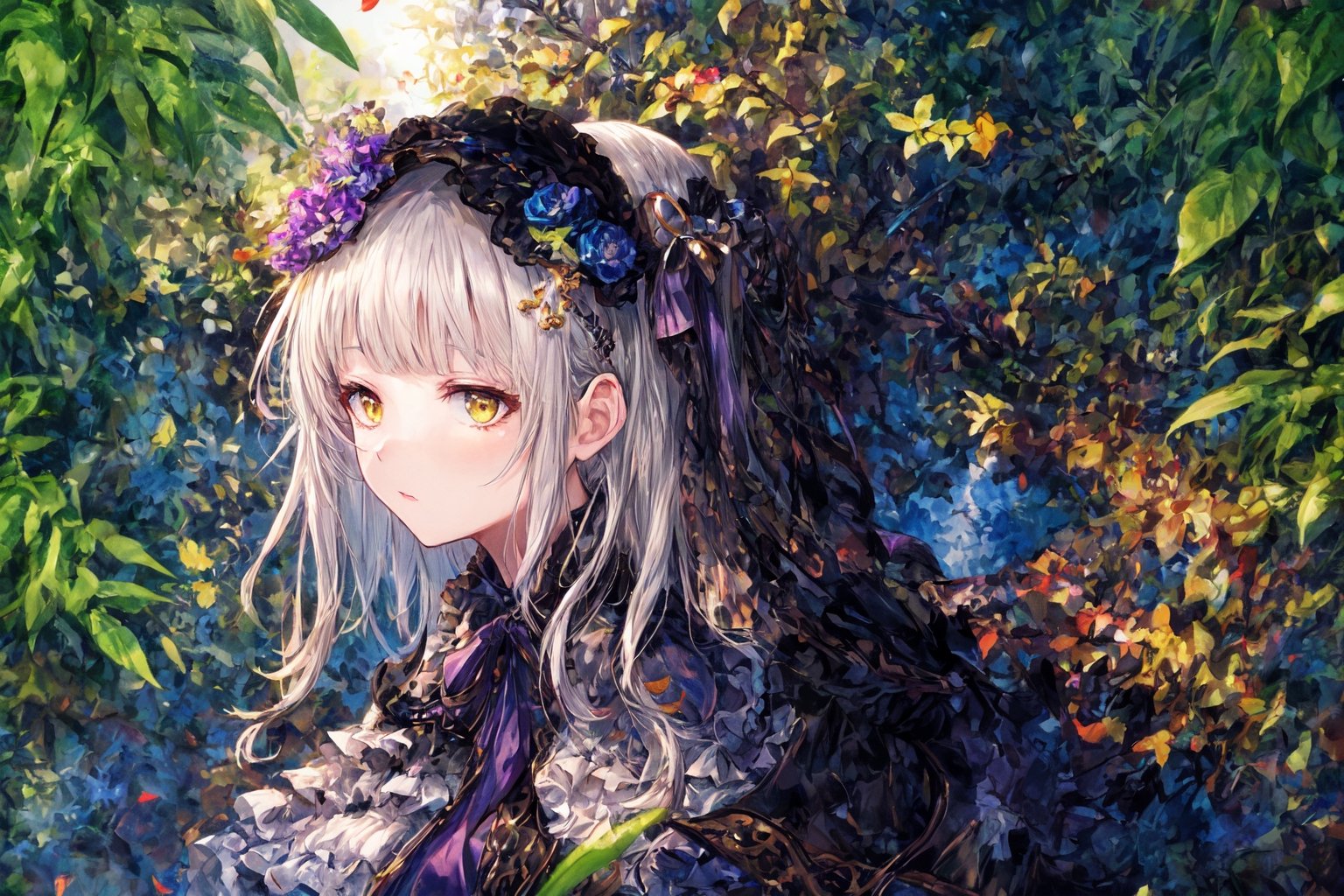 Official Art, Unity 8K Wallpaper, Extreme Detailed, Beautiful and Aesthetic, Masterpiece, Top Quality, perfect anatomy, 

1girl, solo, long hair, bangs, hair ornament, long sleeves, dress, very long hair, flower, frills, hair flower, wide sleeves, blunt bangs, black dress, floral print, absurdly long hair, green theme, green ribbon, bamboo forest, falling leaves

a beautifully drawn (((ink illustration))) depicting, vintage, PURPLE and YELLOW accents, watercolor painting, concept art, (best illustration), (best shadow), Analog Color Theme, vivid colours, contrast, smooth, sharp focus, scenery, 

(Pencil_Sketch:1.2,masterpiece, midjourney, best quality, incredibly absurdres, messy lines,high detail eyes,More Detail,perfect light,portrait, 