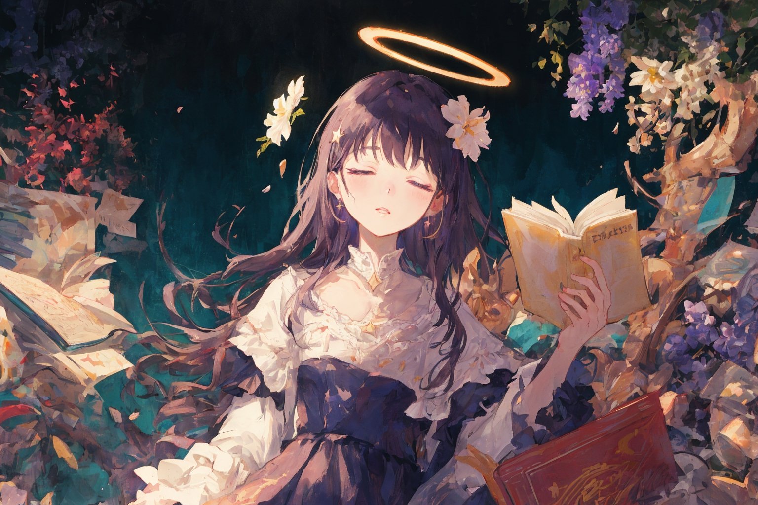 Official Art, Unity 8K Wallpaper, Extreme Detailed, Beautiful and Aesthetic, Masterpiece, Top Quality, perfect anatomy, 

1girl, solo, long hair, bangs, hair ornament, dress, jewelry, closed eyes, upper body, purple hair, flower, earrings, parted lips, hair flower, head tilt, book, eyelashes, makeup, halo, white flower, crescent, facing viewer, book stack, hyacinth, star_(sky), 

a beautifully drawn (((ink illustration))) depicting, vintage, RED and INDIGO accents, watercolor painting, concept art, (best illustration), (best shadow), Analog Color Theme, vivid colours, contrast, smooth, sharp focus, scenery, 

(Pencil_Sketch:1.2,masterpiece, midjourney, best quality, incredibly absurdres, messy lines,high detail eyes,More Detail,perfect light,portrait, 