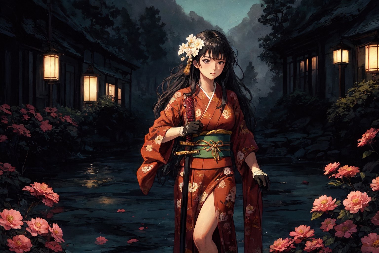 1girl, solo, long hair, black hair, hair ornament, gloves, very long hair, weapon, flower, japanese clothes, sword, hair flower, kimono, sash, obi, floral print, katana, absurdly long hair, eastern, official art, unity 8k wallpaper, ultra detailed, beautiful and aesthetic, beautiful, masterpiece, best quality, fantasy, tassels, (Pencil_Sketch:1.2,incredibly absurdres