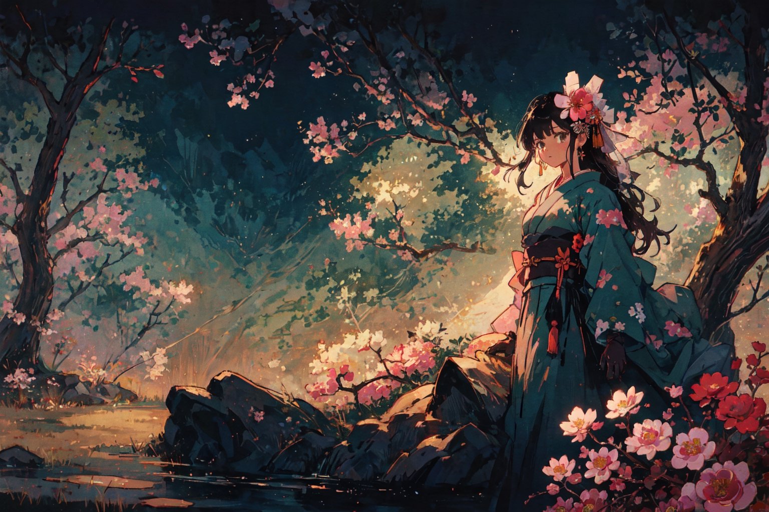 1girl, solo, long hair, black hair, hair ornament, gloves, very long hair, weapon, flower, japanese clothes, sword, hair flower, kimono, sash, obi, floral print, katana, absurdly long hair, eastern, official art, unity 8k wallpaper, ultra detailed, beautiful and aesthetic, beautiful, masterpiece, best quality, fantasy, tassels, (Pencil_Sketch:1.2,incredibly absurdres