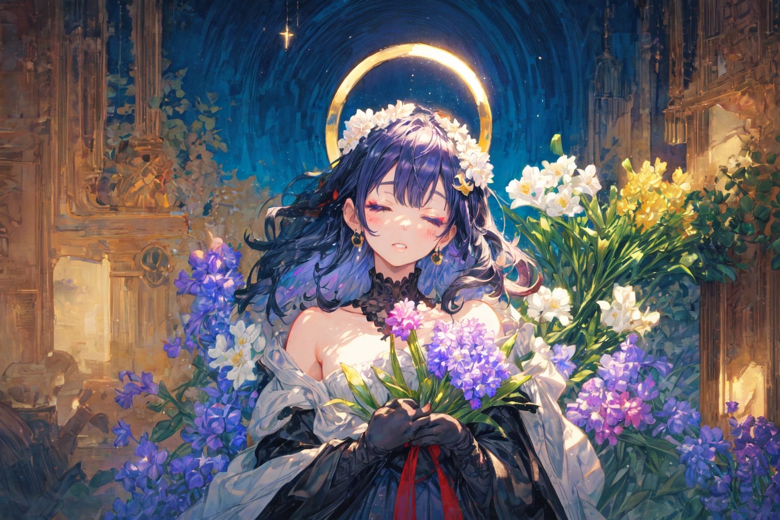 Official Art, Unity 8K Wallpaper, Extreme Detailed, Beautiful and Aesthetic, Masterpiece, Top Quality, perfect anatomy, 

1girl, solo, long hair, bangs, hair ornament, dress, jewelry, closed eyes, upper body, purple hair, flower, earrings, parted lips, hair flower, head tilt, book, eyelashes, makeup, halo, white flower, crescent, facing viewer, book stack, hyacinth, star_(sky), 

a beautifully drawn (((ink illustration))) depicting, vintage, RED and INDIGO accents, watercolor painting, concept art, (best illustration), (best shadow), Analog Color Theme, vivid colours, contrast, smooth, sharp focus, scenery, 

(Pencil_Sketch:1.2,masterpiece, midjourney, best quality, incredibly absurdres, messy lines,high detail eyes,More Detail,perfect light,portrait, 