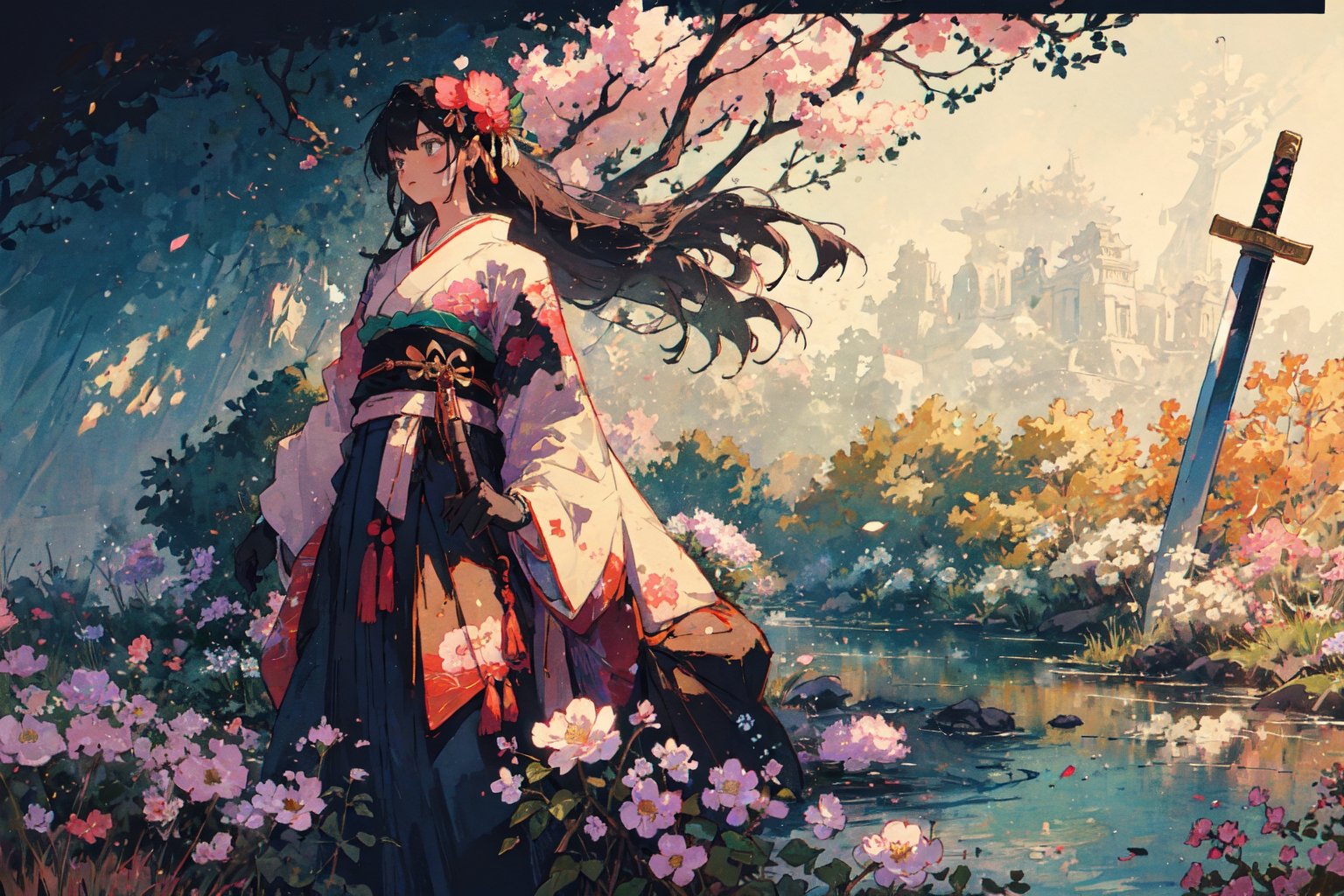 1girl, solo, long hair, black hair, hair ornament, gloves, very long hair, weapon, flower, japanese clothes, sword, hair flower, kimono, sash, obi, floral print, katana, absurdly long hair, eastern, official art, unity 8k wallpaper, ultra detailed, beautiful and aesthetic, beautiful, masterpiece, best quality, fantasy, tassels, (Pencil_Sketch:1.2,incredibly absurdres