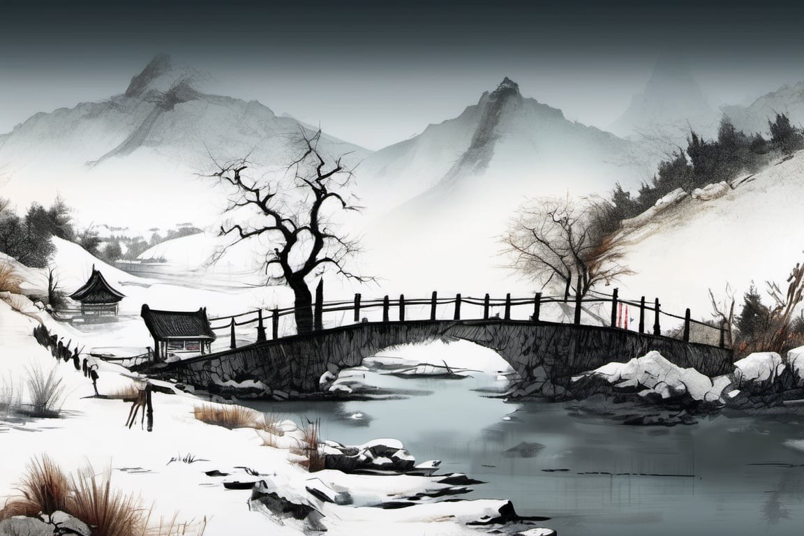 Broken bridge with remaining snow in chinese ink art(best quality,  Masterpiece by 靜川湊 on Tensor.Art