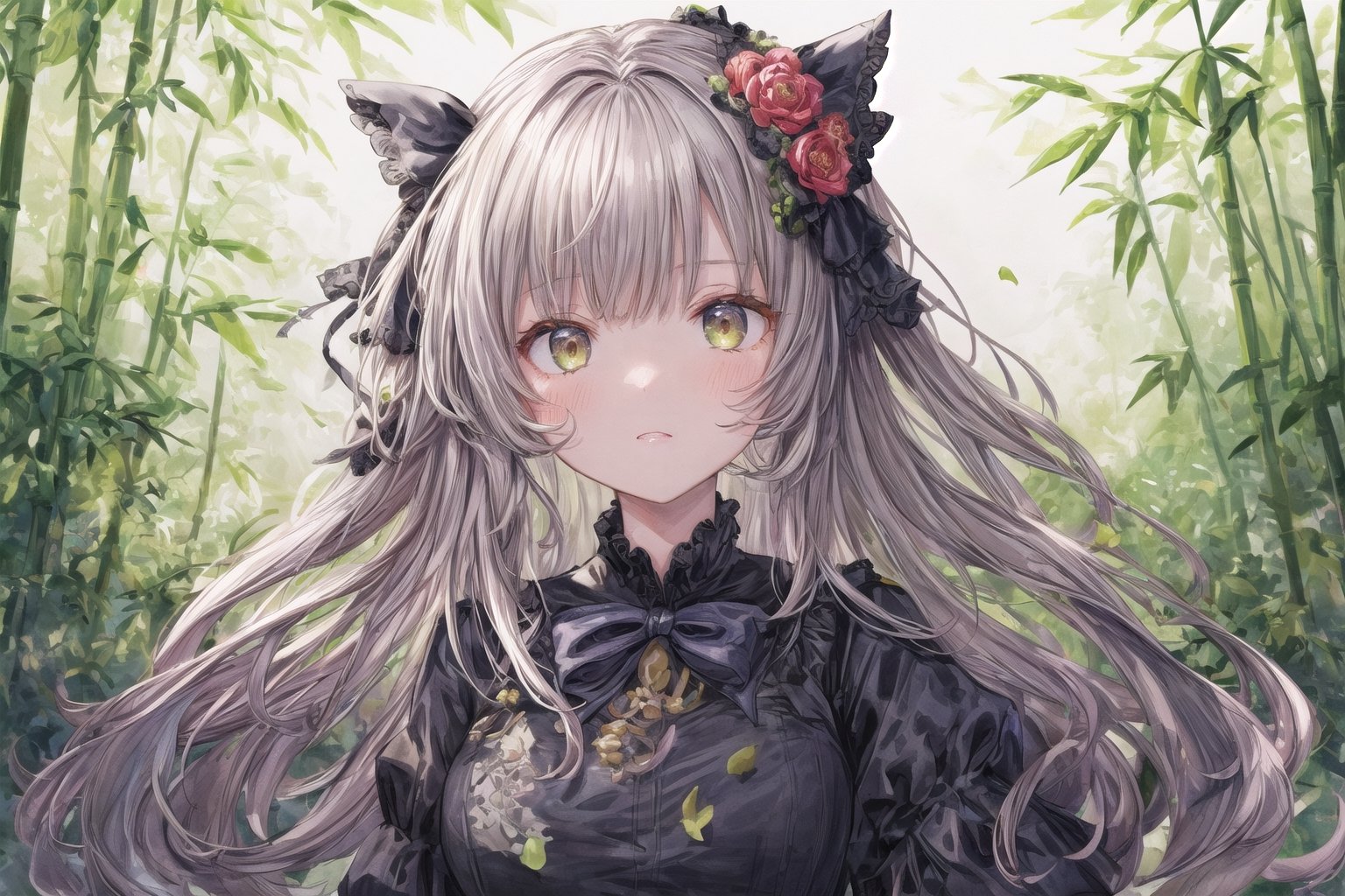 Official Art, Unity 8K Wallpaper, Extreme Detailed, Beautiful and Aesthetic, Masterpiece, Top Quality, perfect anatomy, 

1girl, solo, long hair, bangs, hair ornament, long sleeves, dress, very long hair, flower, frills, hair flower, wide sleeves, blunt bangs, black dress, floral print, absurdly long hair, green theme, green ribbon, bamboo forest, falling leaves

a beautifully drawn (((ink illustration))) depicting, vintage, PURPLE and YELLOW accents, watercolor painting, concept art, (best illustration), (best shadow), Analog Color Theme, vivid colours, contrast, smooth, sharp focus, scenery, 

(Pencil_Sketch:1.2,masterpiece, midjourney, best quality, incredibly absurdres, messy lines,high detail eyes,More Detail,perfect light,portrait, 