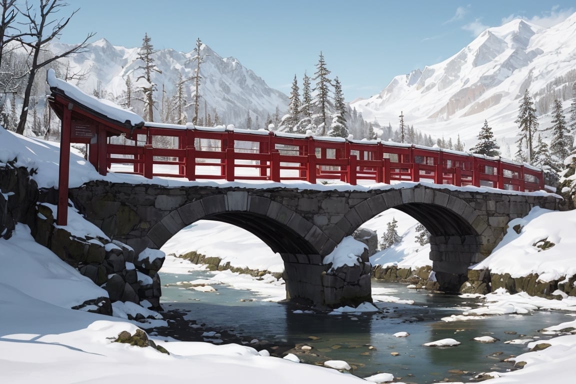 Broken bridge with remaining snow in chinese ink art(best quality,  Masterpiece by 靜川湊 on Tensor.Art