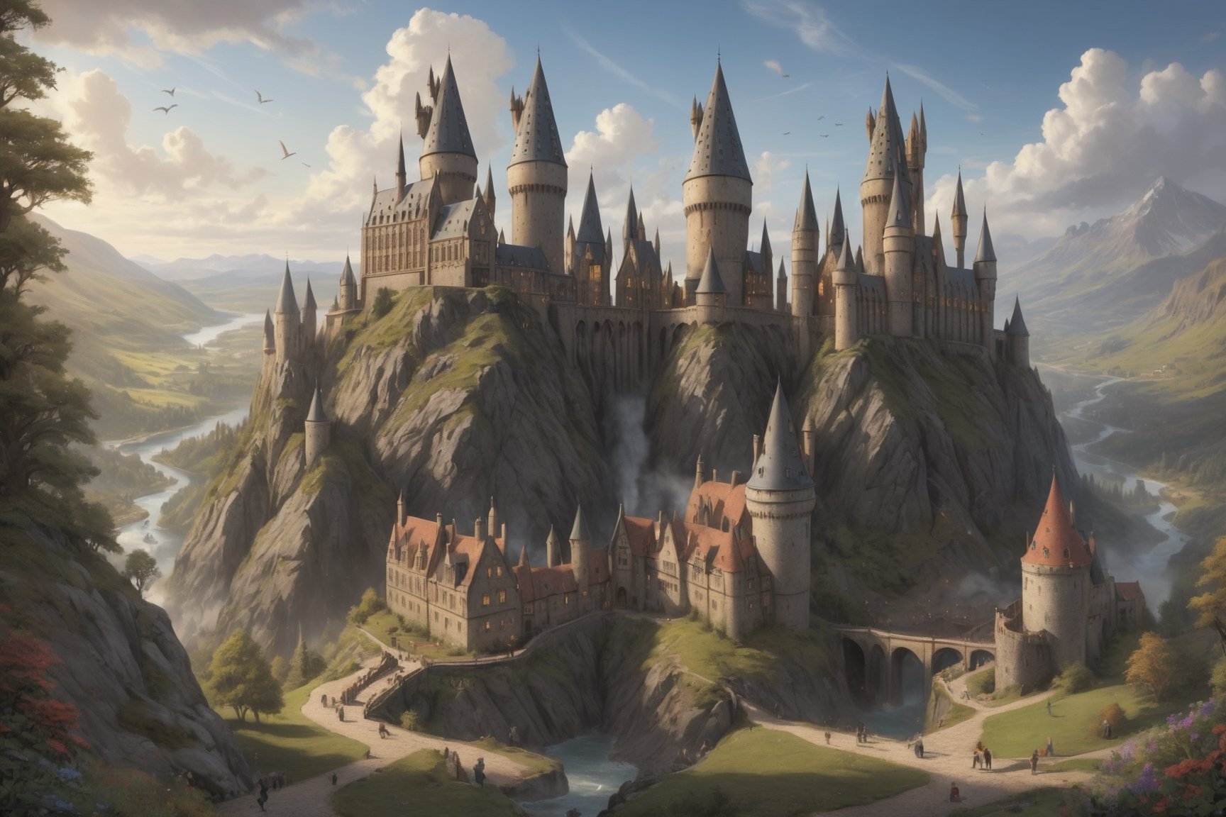 In the enchanting realm of the Wizarding World of Harry Potter, a breathtakingly magical land unfolds before our eyes. This extraordinary image, captured in a meticulously crafted painting, showcases a sprawling landscape rich with vibrant colors and fantastical elements. Majestic castles and bustling streets fill the scene, bustling with both wizards and enchanting creatures. Evoking a sense of awe and wonder, this stunning artwork effortlessly transports viewers into the extraordinary world of Harry Potter, where imagination knows no bounds.