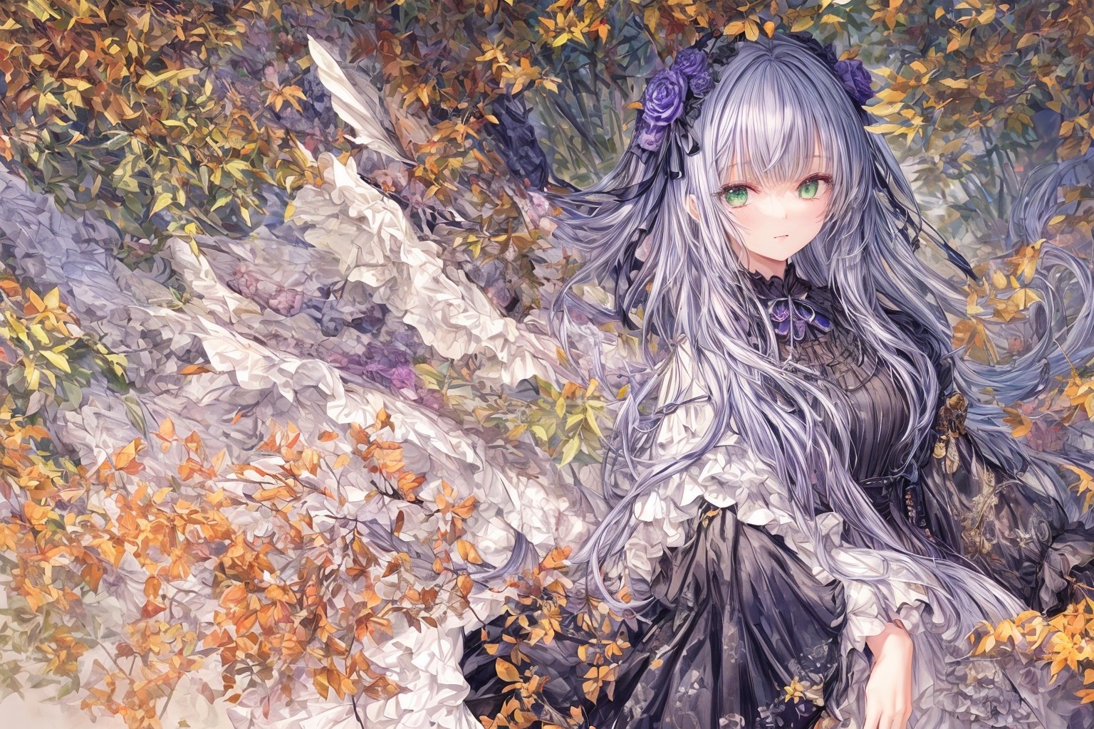 Official Art, Unity 8K Wallpaper, Extreme Detailed, Beautiful and Aesthetic, Masterpiece, Top Quality, perfect anatomy, 

1girl, solo, long hair, bangs, hair ornament, long sleeves, dress, very long hair, flower, frills, hair flower, wide sleeves, blunt bangs, black dress, floral print, absurdly long hair, green theme, green ribbon, bamboo forest, falling leaves

a beautifully drawn (((ink illustration))) depicting, vintage, PURPLE and YELLOW accents, watercolor painting, concept art, (best illustration), (best shadow), Analog Color Theme, vivid colours, contrast, smooth, sharp focus, scenery, 

(Pencil_Sketch:1.2,masterpiece, midjourney, best quality, incredibly absurdres, messy lines,high detail eyes,More Detail,perfect light,portrait, 