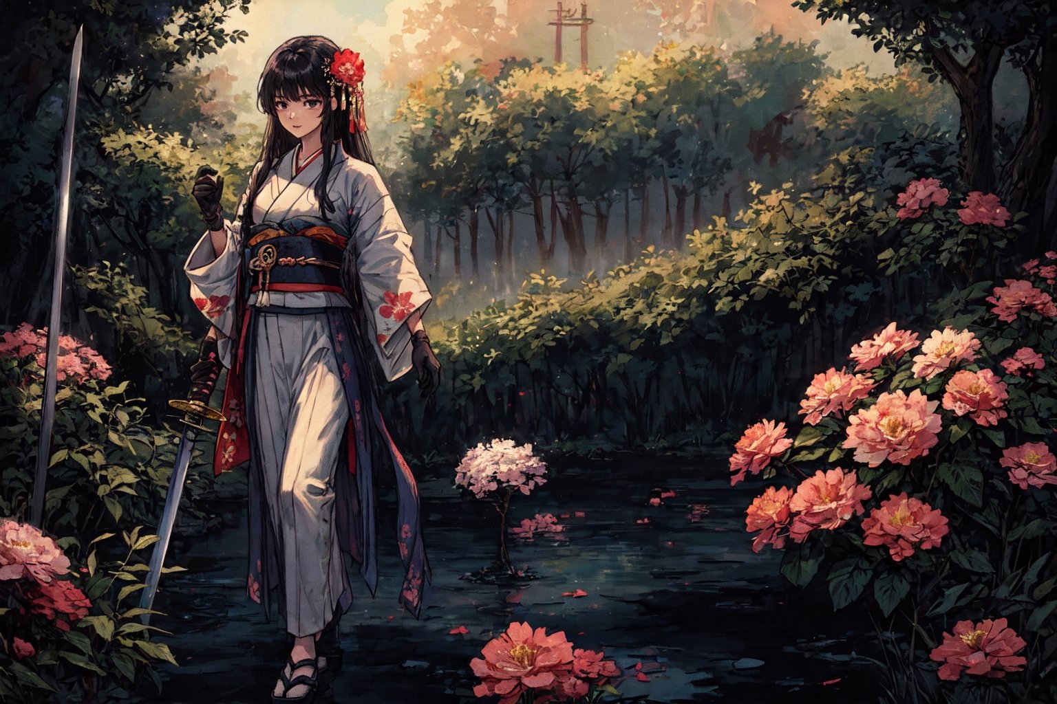 1girl, solo, long hair, black hair, hair ornament, gloves, very long hair, weapon, flower, japanese clothes, sword, hair flower, kimono, sash, obi, floral print, katana, absurdly long hair, eastern, official art, unity 8k wallpaper, ultra detailed, beautiful and aesthetic, beautiful, masterpiece, best quality, fantasy, tassels, (Pencil_Sketch:1.2,incredibly absurdres