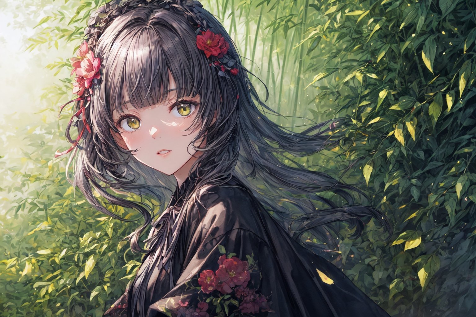 Official Art, Unity 8K Wallpaper, Extreme Detailed, Beautiful and Aesthetic, Masterpiece, Top Quality, perfect anatomy, 

1girl, solo, long hair, bangs, hair ornament, long sleeves, dress, very long hair, flower, frills, hair flower, wide sleeves, blunt bangs, black dress, floral print, absurdly long hair, green theme, green ribbon, bamboo forest, falling leaves

a beautifully drawn (((ink illustration))) depicting, vintage, PURPLE and YELLOW accents, watercolor painting, concept art, (best illustration), (best shadow), Analog Color Theme, vivid colours, contrast, smooth, sharp focus, scenery, 

(Pencil_Sketch:1.2,masterpiece, midjourney, best quality, incredibly absurdres, messy lines,high detail eyes,More Detail,perfect light,portrait, 