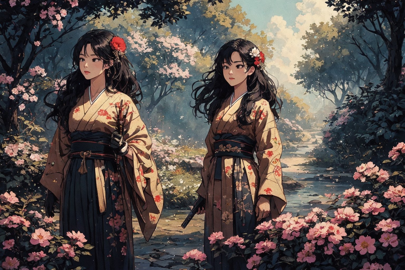 1girl, solo, long hair, black hair, hair ornament, gloves, very long hair, weapon, flower, japanese clothes, sword, hair flower, kimono, sash, obi, floral print, katana, absurdly long hair, eastern, official art, unity 8k wallpaper, ultra detailed, beautiful and aesthetic, beautiful, masterpiece, best quality, fantasy, tassels, (Pencil_Sketch:1.2,incredibly absurdres