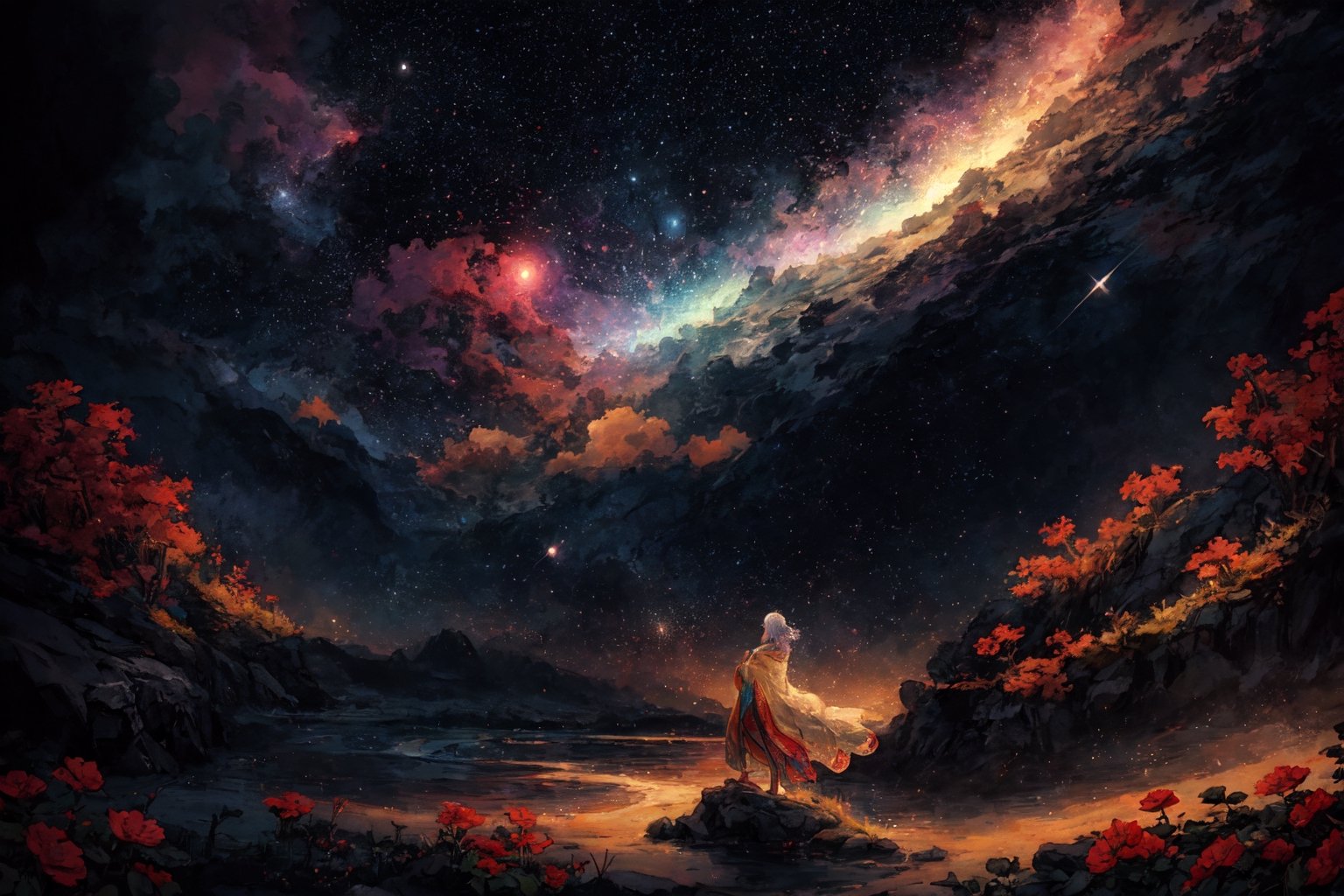 A serenely drifting Solarpunk galactic nomad, exuding tranquility and harmony amidst the stars. This game concept art is a digital painting, showcasing the character floating in a shimmering nebula. Their ethereal presence is highlighted by glowing flora woven into their flowing robes, reflecting the vibrant hues of distant planets in their skin. Each intricate detail is rendered with stunning clarity, immersing the viewer in a world of cosmic beauty and peace.,(Pencil_Sketch:1.2,masterpiece, messy lines,best quality