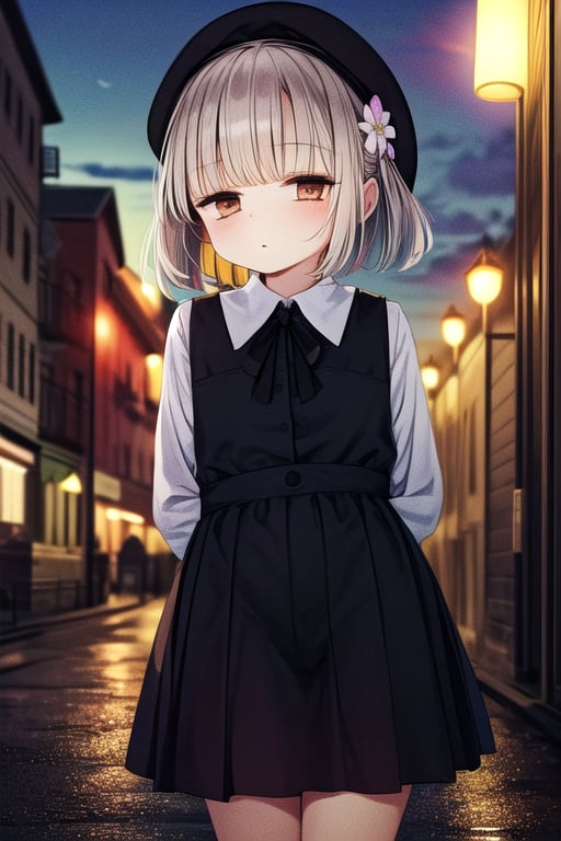 masterpiece, best quality,solo,1girl, looking at viewer, arms behind back , (loli:1.3),black suspender_skirt,  brown_eyes,  long_sleeves, dusk park background, collared_shirt,  black_ribbon, bow, mole_under_eye,black beret,light brown hair,white hair flower,street lamps,