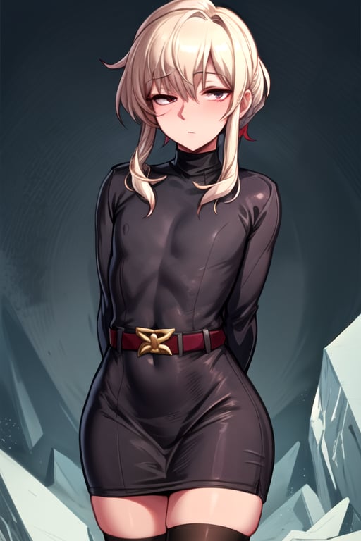 masterpiece, best quality, (solo:1.3),small_breast, in ice of cube ,arms behind back,blonde,black_eyes, looking_at_viewer, half-closed_eyes,curvy,blue turtleneck dress,belt,long_sleeves,belt,red_eye,stockings