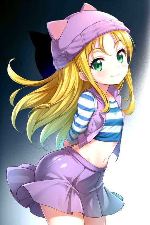 masterpiece, best quality, (solo:1.3), 1girl, loli, arms behind back,looking_at_viewer,OrimotoIzumi,  purple vest,horizontal striped shirt, beanie, cat hat, green eyes, purple  skirt,smile, blonde,