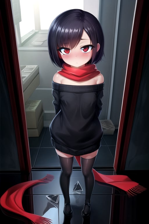 masterpiece, best quality, (solo:1.1), 1girl , arms behind back,looking_at_viewer,horror theme,sweater,(mini_girl:1.3), off_shoulder,loli,black stockings, reflection,broken glass,red scarf,short_hair,