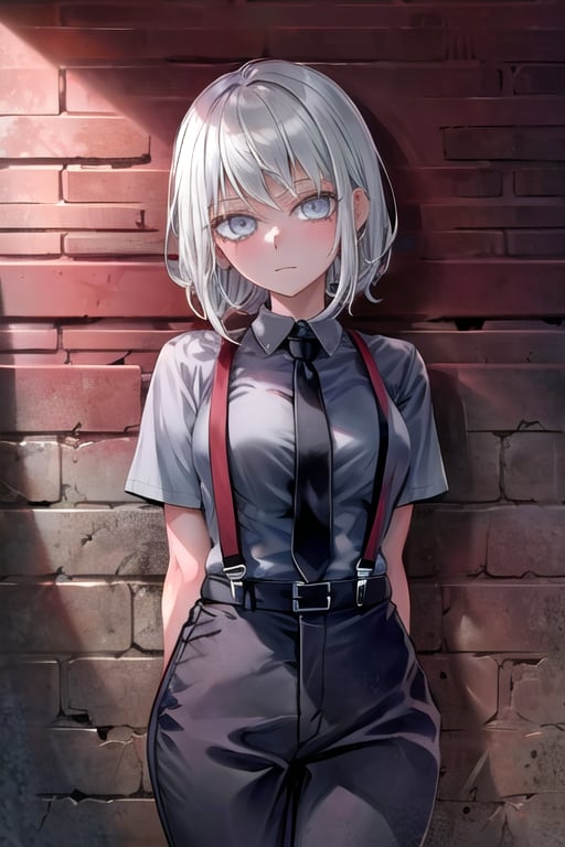 masterpiece, best quality, solo, 1girl, (arms behind back:1.1),brick wall, rika, cowboy shot, jewelry, closed mouth,  collared shirt, eyelashes, suspenders, black necktie, grey shirt,  black pants,looking at viewer